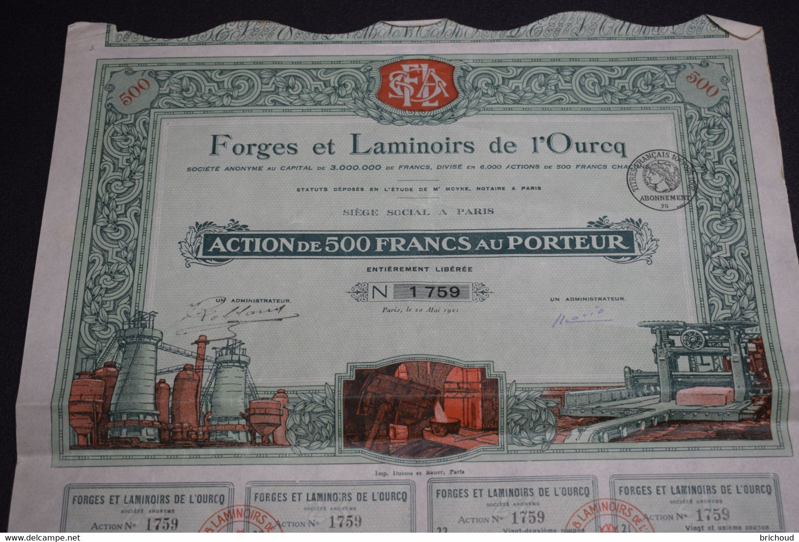 Forges Et Laminoirs De L'Ourcq 500 Frs Paris 1921 Déco Décoration - Industrie