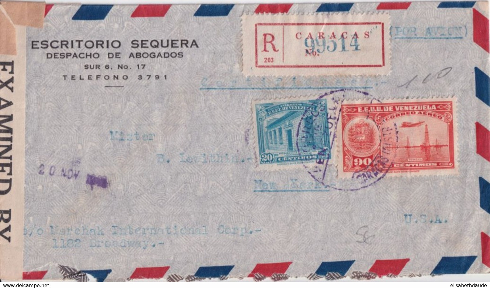 1942 - VENEZUELA - ENVELOPPE RECOMMANDEE Par AVION Avec CENSURE De CARACAS => NEW YORK - Venezuela