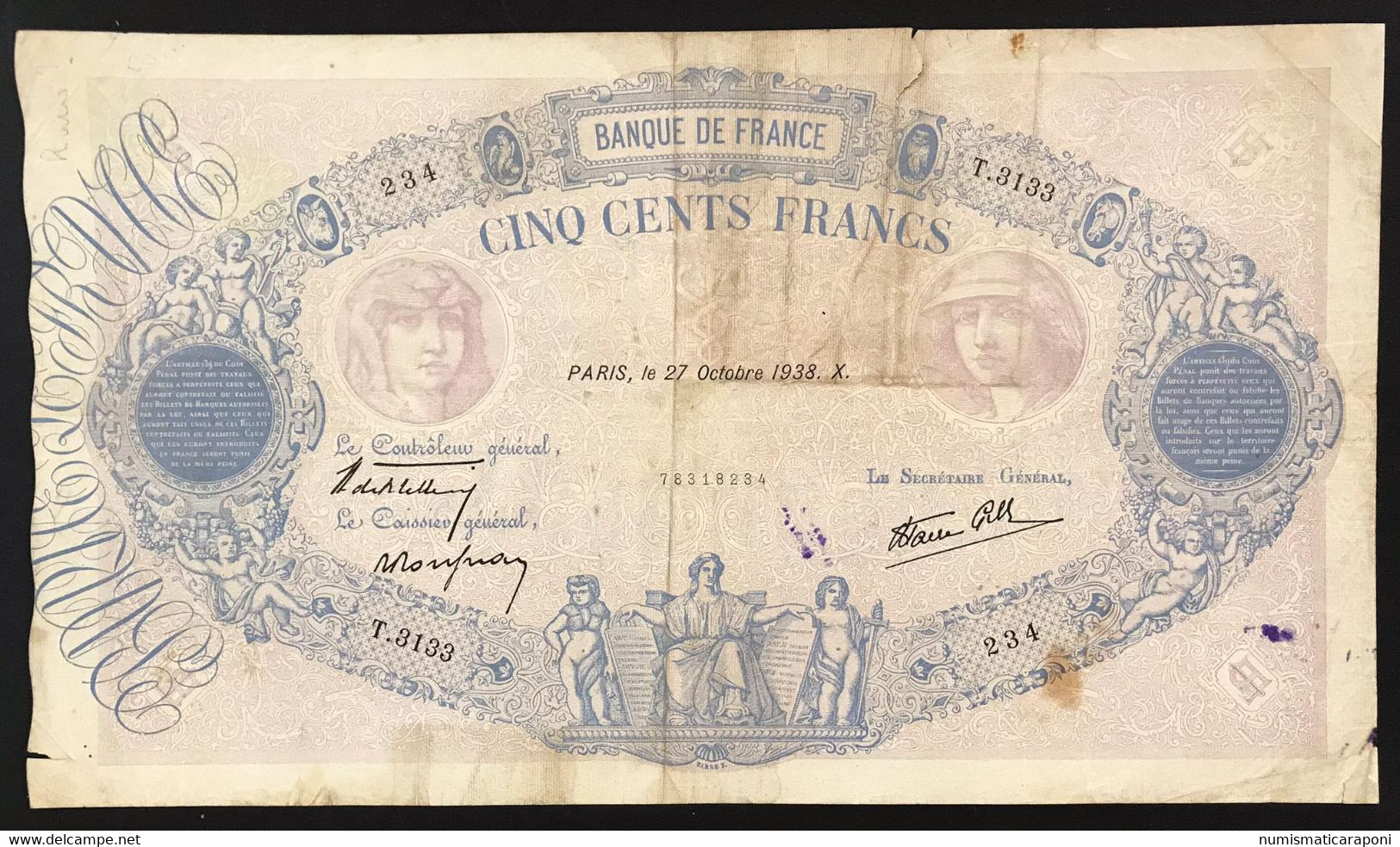 FRANCIA France 500 FRANCS 500 F 1888-1940 ''Bleu Et Rose'' 27 10 1938 LOTTO 1353 - 500 F 1888-1940 ''Bleu Et Rose''