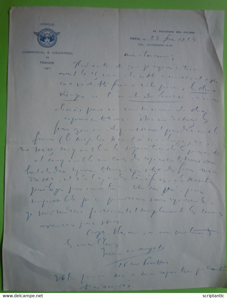 Lettre Du CERCLE COMMERCIAL ET INDUSTRIEL DE FRANCE 1924 - Manuscrits