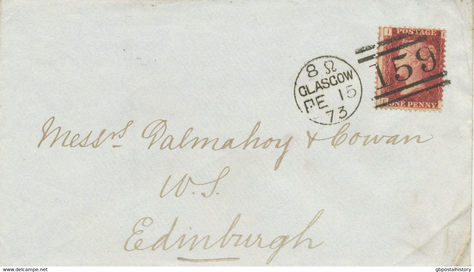 GB „159 / GLASGOW“ Scottish Duplex (4 Bars With Same Length, Time Code „8 Ω “, Datepart 19mm) On Superb Cover With QV 1d - Briefe U. Dokumente