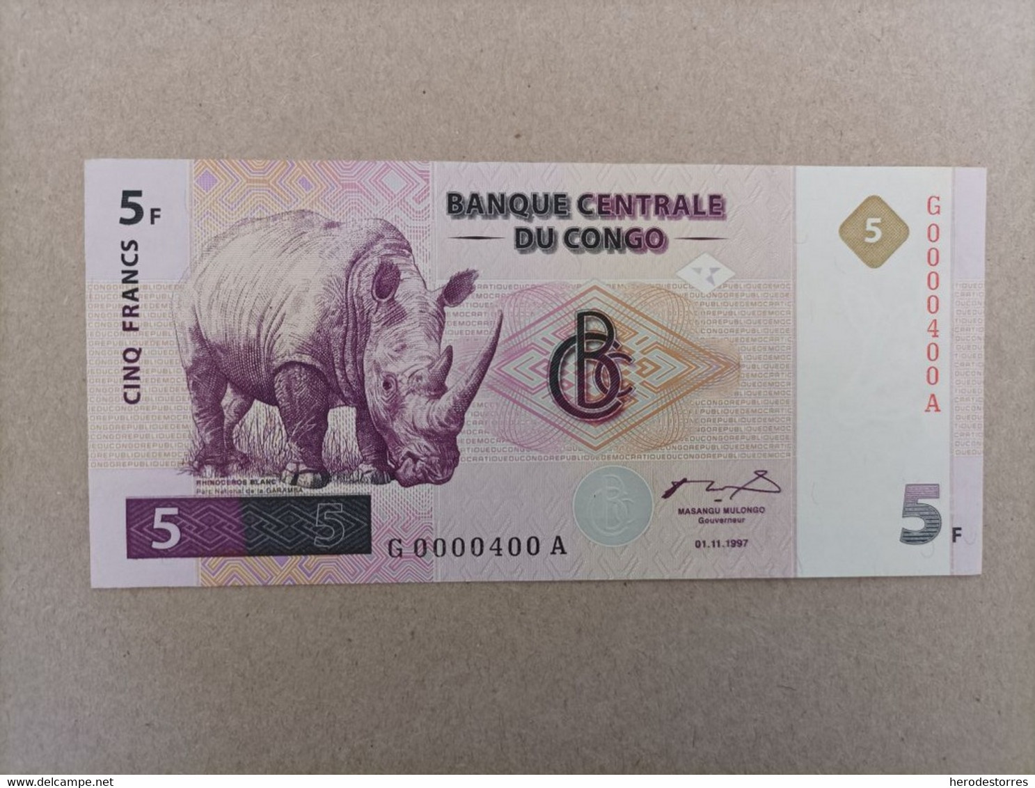 Billete De Congo De 5 Francs, Año 1997 Nº Baijisimo G0000400A, UNC - Republik Kongo (Kongo-Brazzaville)