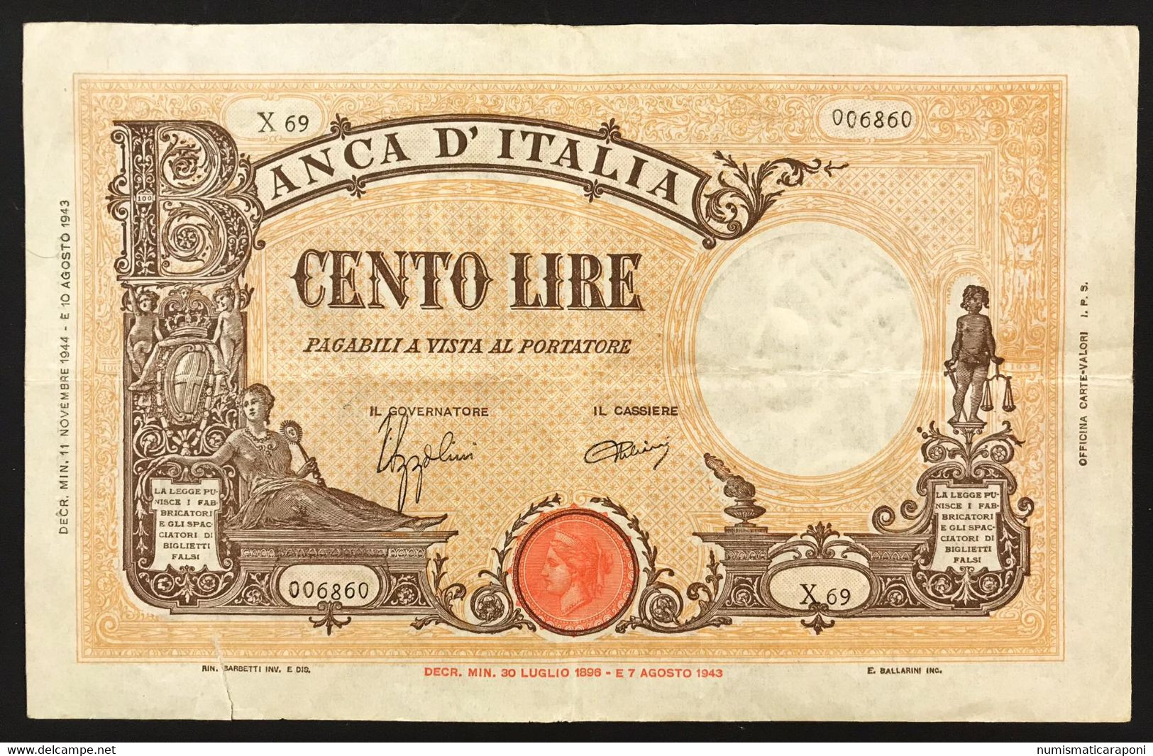 100 LIRE BARBETTI 11 11 1944 B.I. Bel Bb Taglietto  LOTTO 3953 - 100 Liras