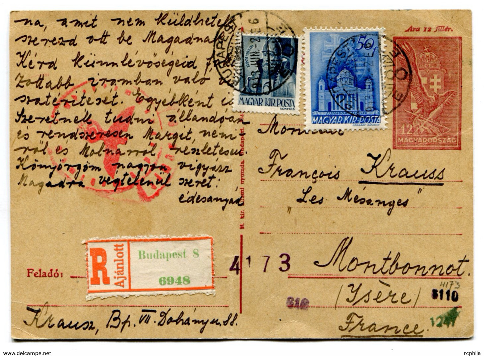 RC 23268 HONGRIE 1943 ENTIER RECOMMANDÉ + CENSURE ALLEMANDE POUR LA FRANCE - Postmark Collection