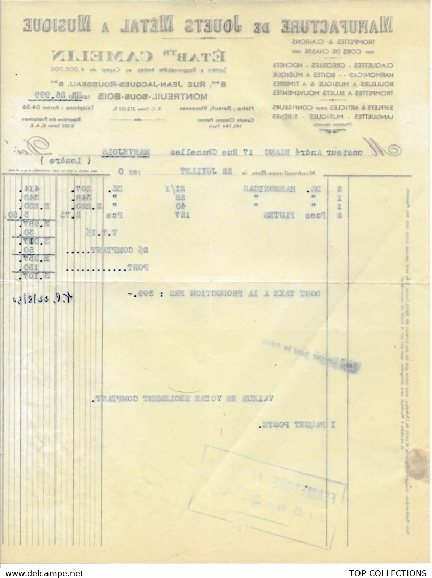 1950 JOUET EN TOLE JOUETS A MUSIQUE MANUFACTURE FABRICANT PARIS MONTREUIL ETABLISSEMENT CAMELIN V.SCANS - 1950 - ...
