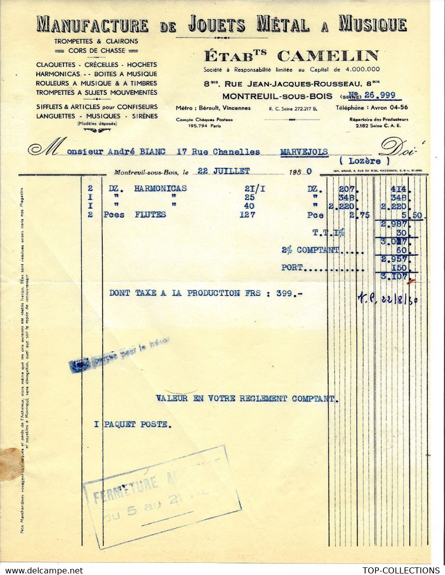 1950 JOUET EN TOLE JOUETS A MUSIQUE MANUFACTURE FABRICANT PARIS MONTREUIL ETABLISSEMENT CAMELIN V.SCANS - 1950 - ...