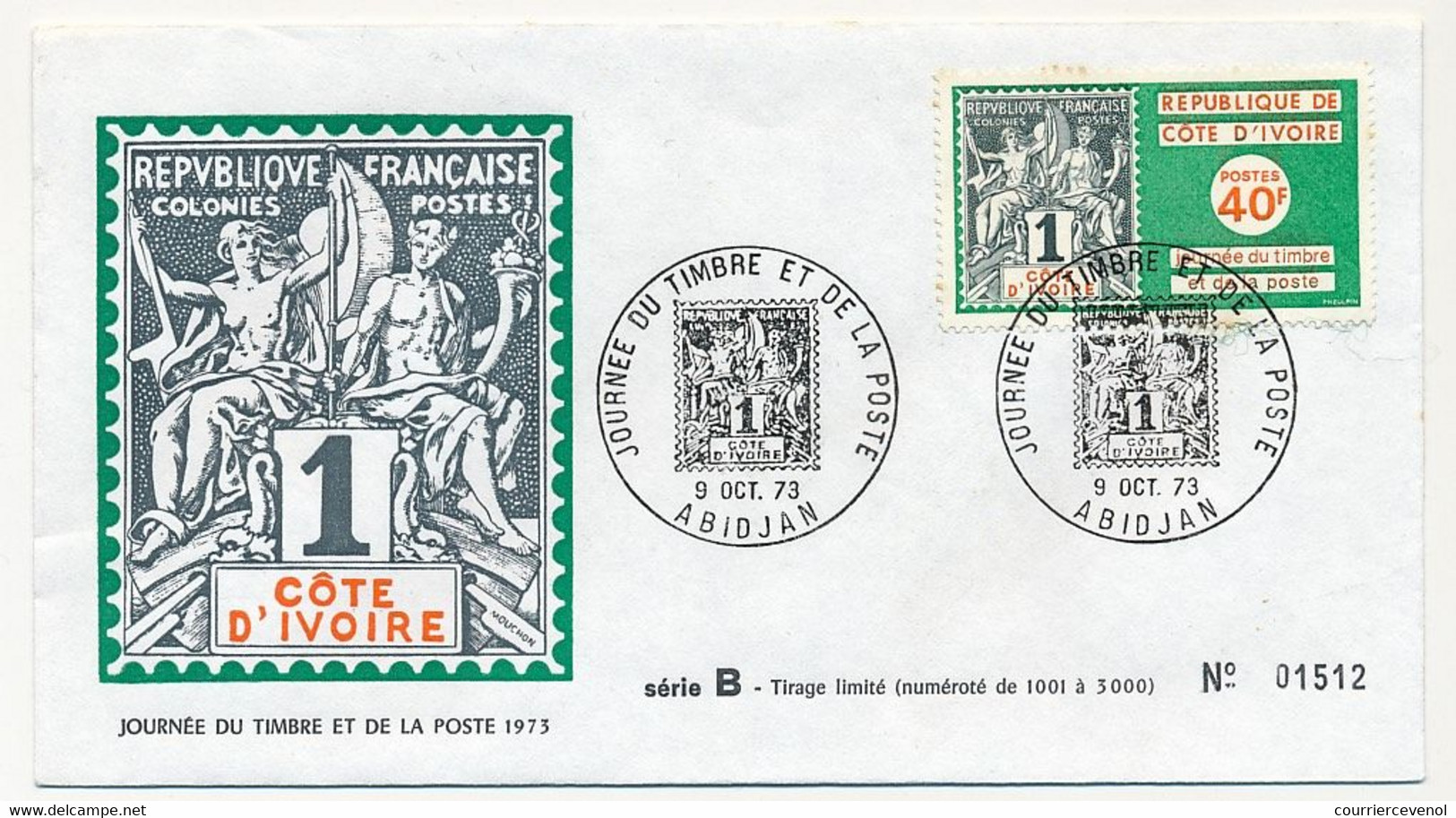 CÔTE D'IVOIRE - Env FDC - 40F Journée Du Timbre Et De La Poste - 9 Octobre 1973 - Abidjan - Ivory Coast (1960-...)