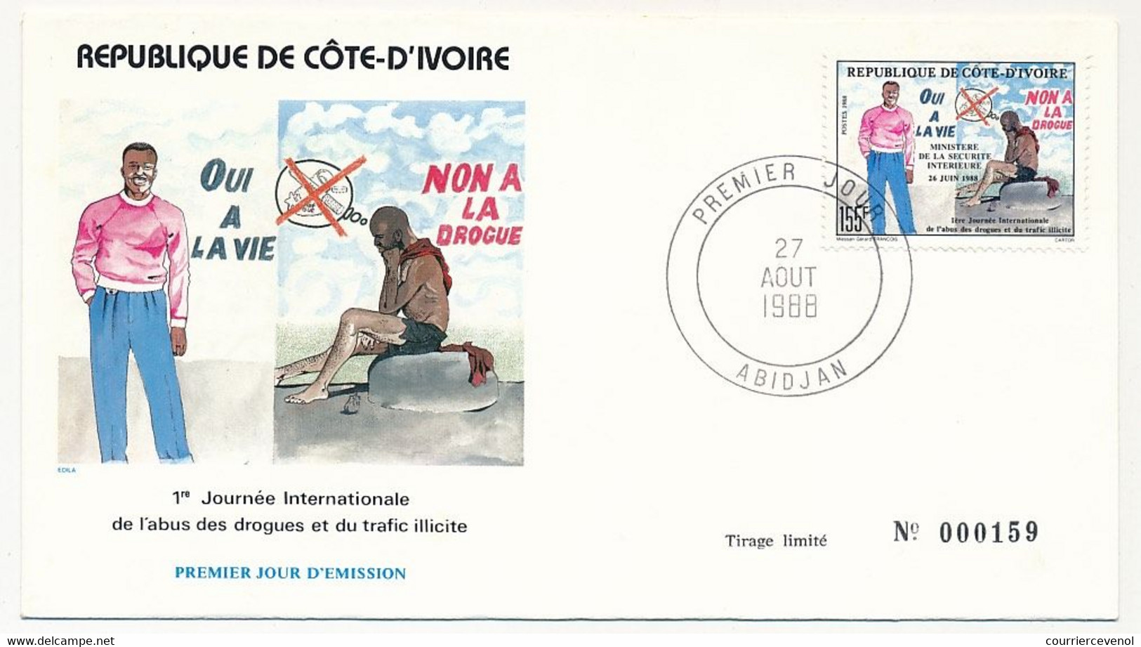 CÔTE D'IVOIRE - Env FDC - 155F Non à La Drogue, Oui à La Vie - 27 Aout 1988 - Abidjan - Ivory Coast (1960-...)