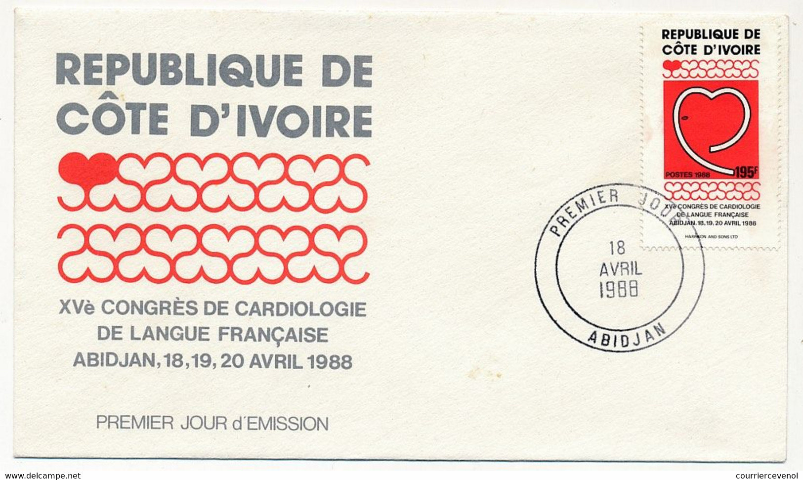 CÔTE D'IVOIRE - Env FDC - 195F XVème Congrès De Cardiologie De Langue Française - 18 Avril 1988 - Abidjan - Côte D'Ivoire (1960-...)
