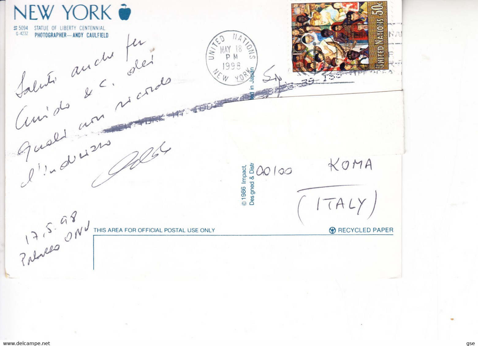 NAZIONI UNITE 1998 - Cartolina Per Roma - Storia Postale