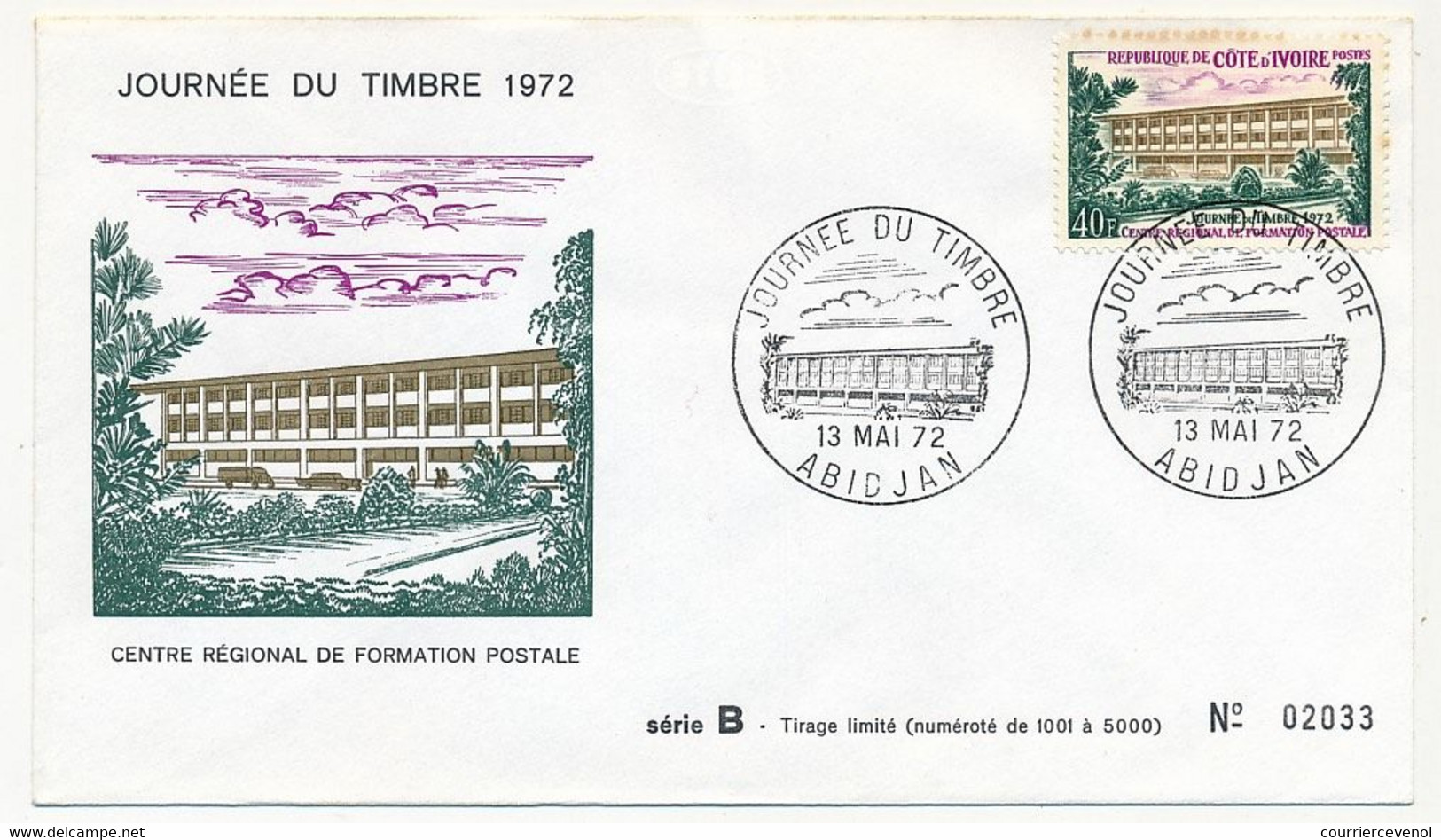CÔTE D'IVOIRE - Env FDC - 40F Journée Du Timbre - Centre Régional De Formation Postale - 13 Mai 1972 - Abidjan - Côte D'Ivoire (1960-...)