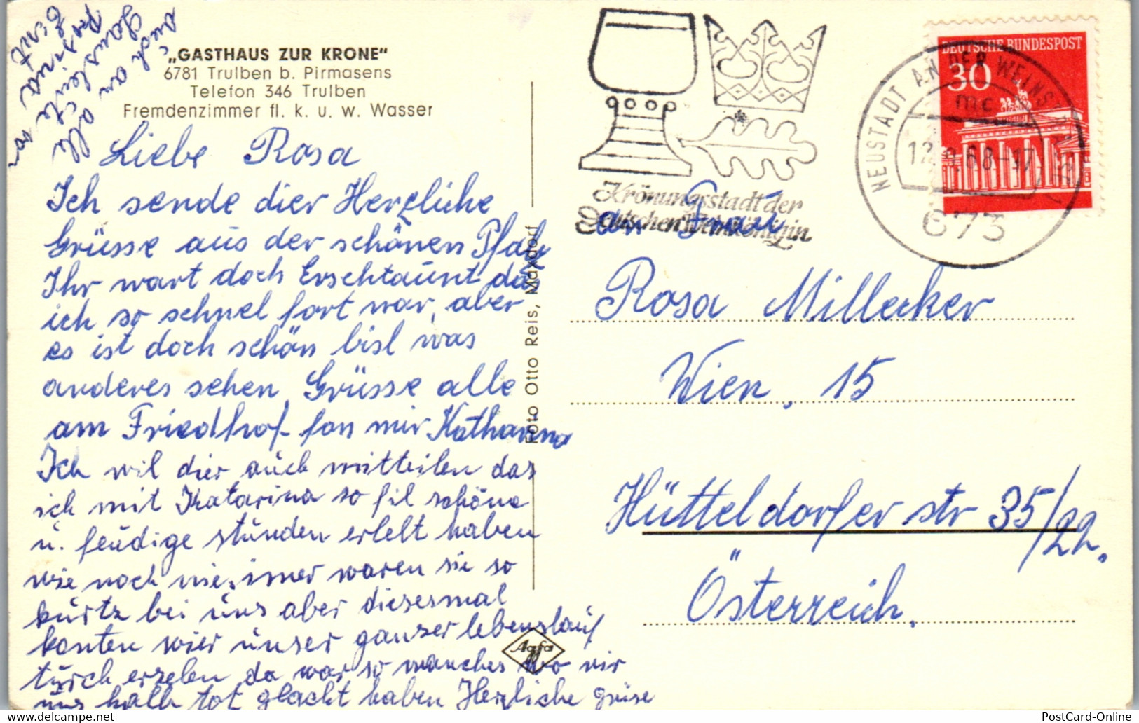 33912 - Deutschland - Trulben Bei Pirmasens , Gasthaus Zur Krone , Mehrbildkarte - Gelaufen 1968 - Pirmasens