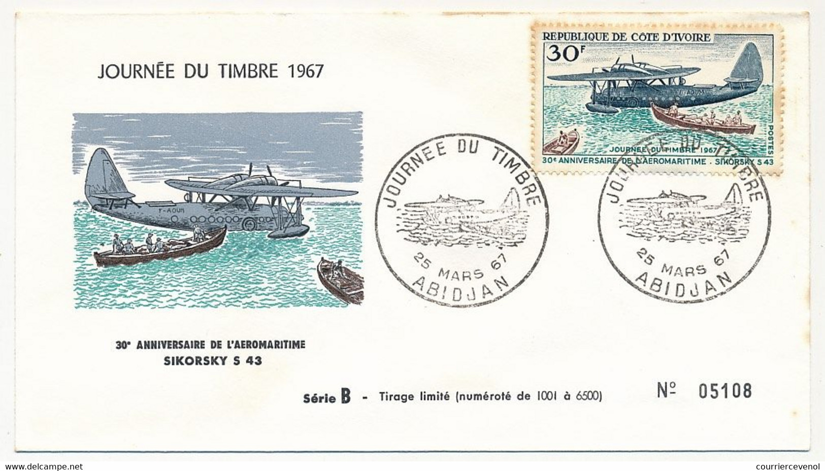 CÔTE D'IVOIRE - Env FDC - 30F Journée Du Timbre - Sikorsky S 43 - 25 Mars 1987 - Abidjan - Costa De Marfil (1960-...)
