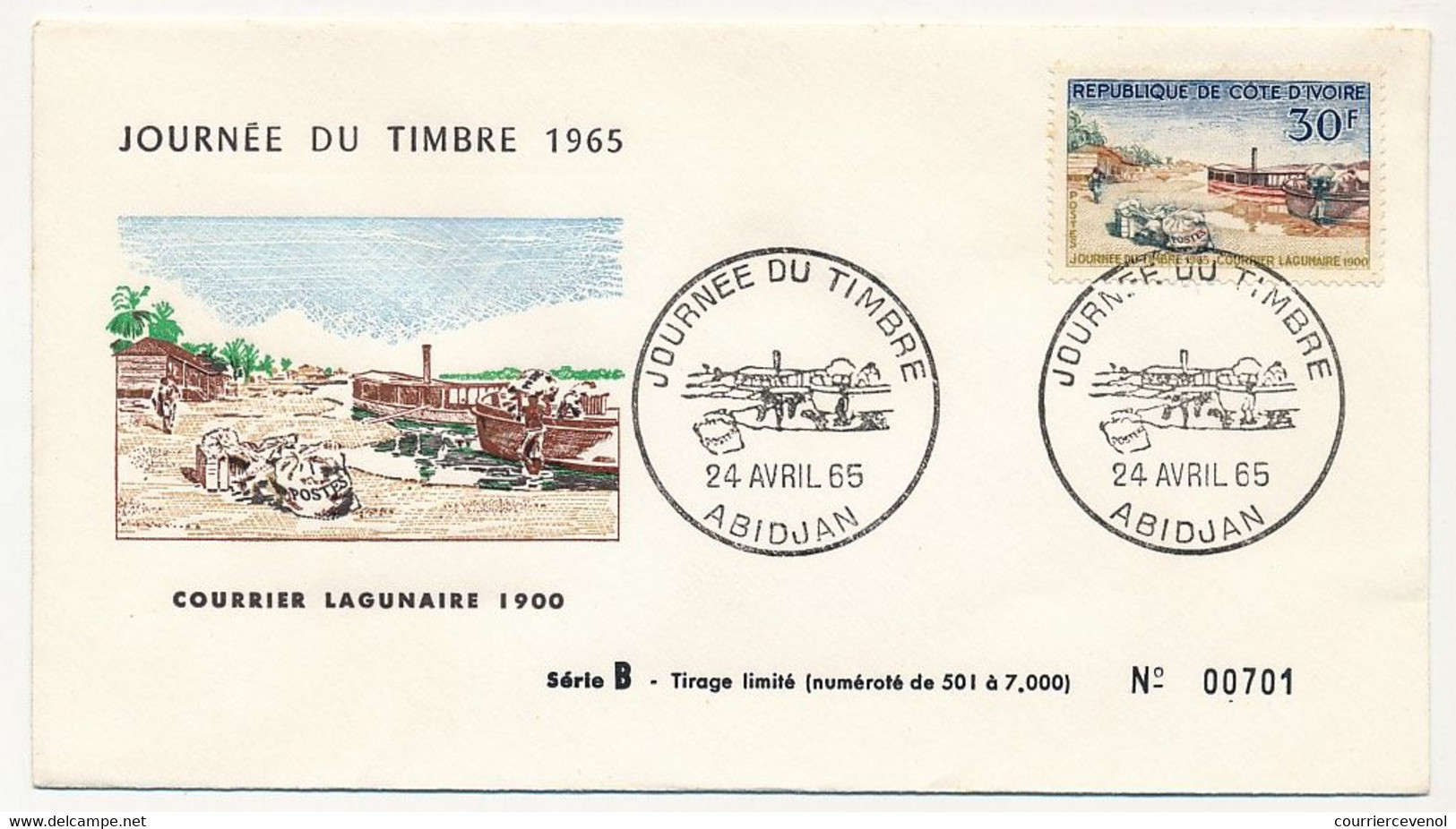 CÔTE D'IVOIRE - Env FDC - 30F Journée Du Timbre - Courrier Lagunaire 1900 - 24 Avril 1965 - Abidjan - Ivory Coast (1960-...)