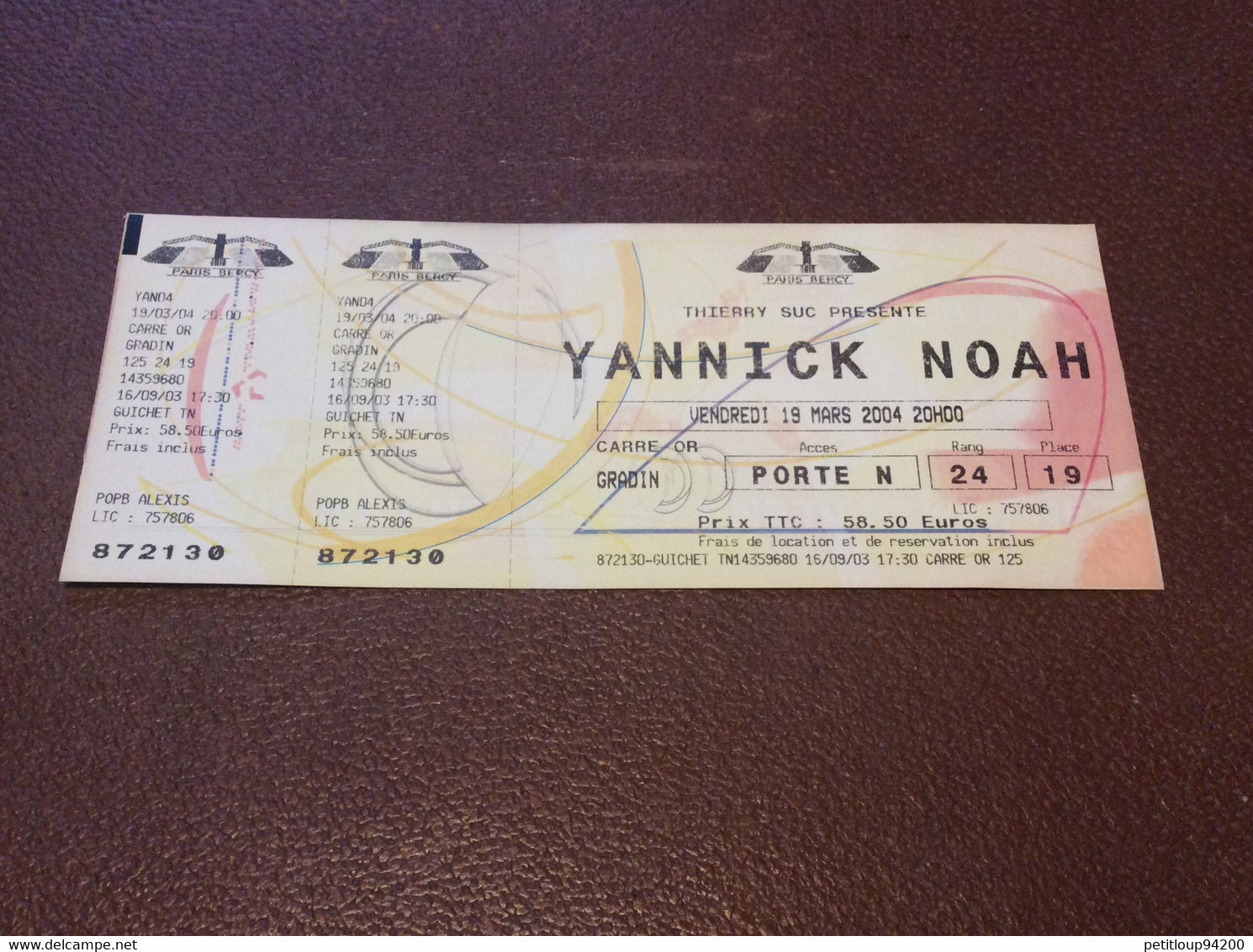 TICKET DE CONCERT  YANNICK NOAH  Paris Bercy  MARS 2004 - Concerttickets