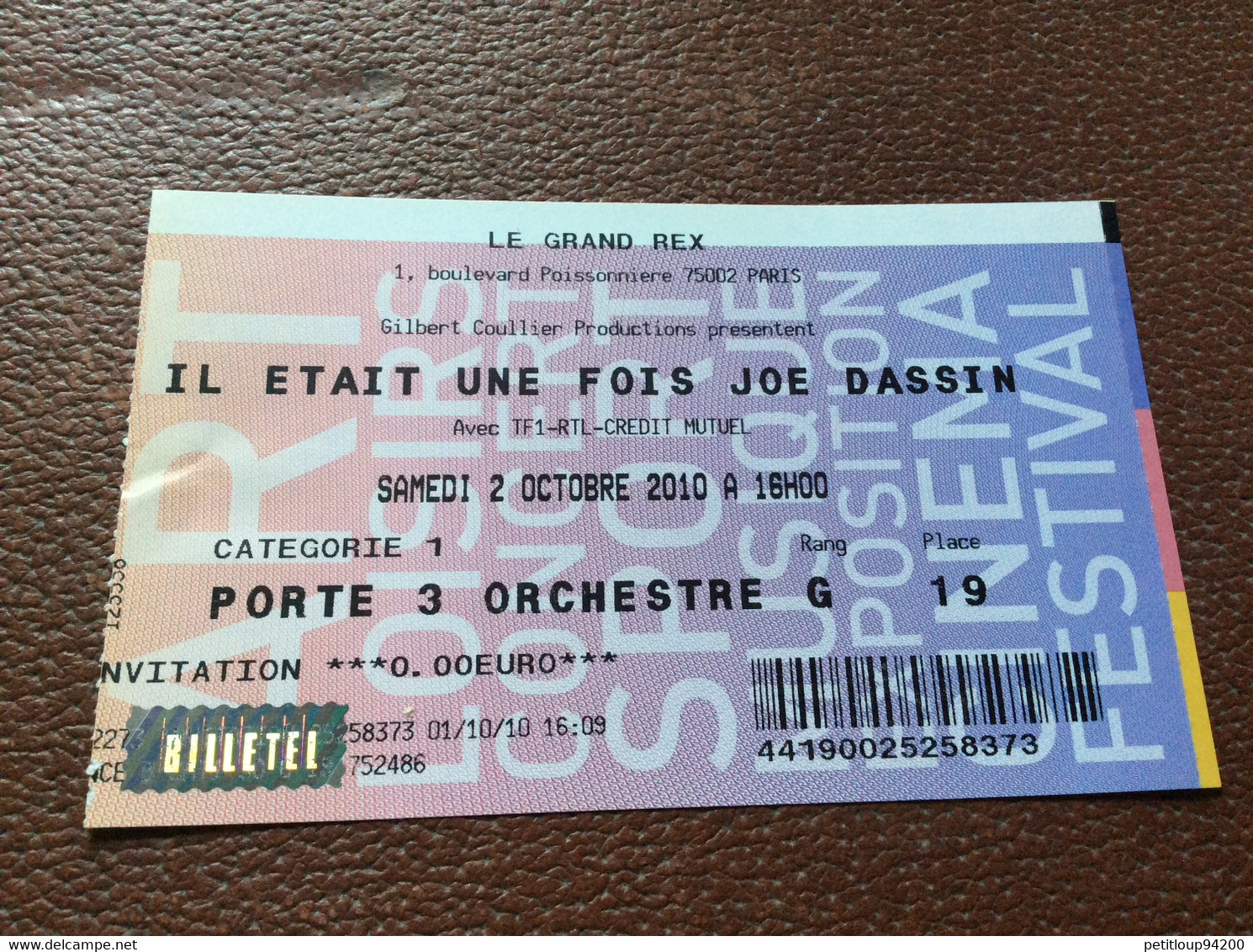 TICKET DE CONCERT  JOE DASSIN  Le Grand Rex PARIS  Octobre  2010 - Concerttickets