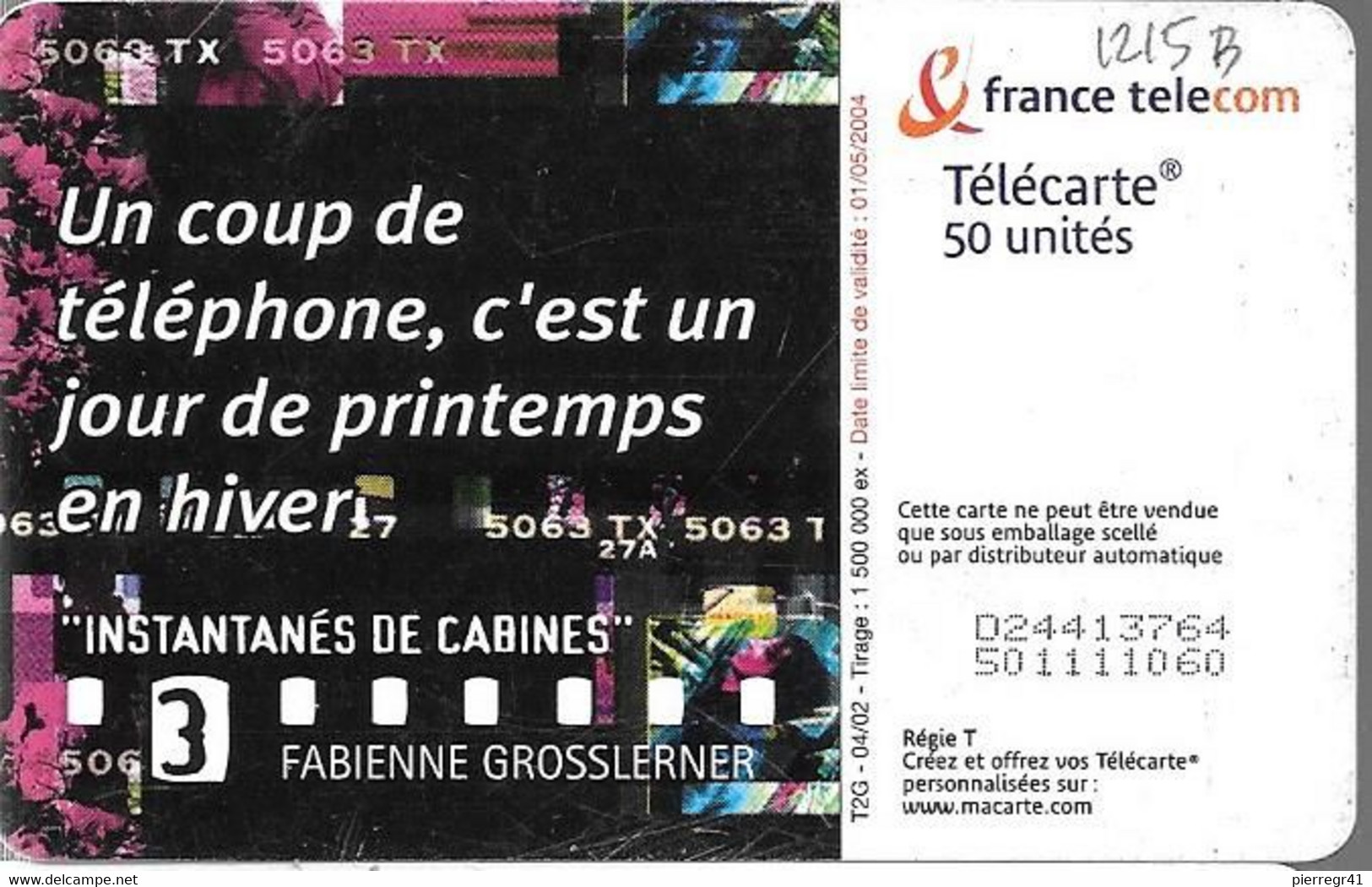 CARTE-PUBLIC-50U-F1215 B-OB2-N°Maigre-04/02-INSTANTANES DE CABINES 3--UTILISE-TBE - 2002