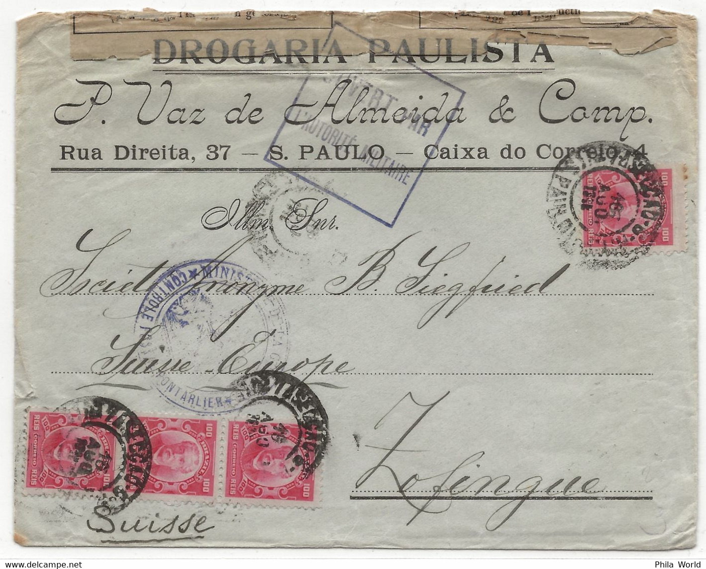 WW1 1915 BRAZIL Sao Paulo Suisse Swiss Switzerland Ouvert Autorité Militaire Ministère Guerre Controle Postal Pontarlier - Guerre De 1914-18