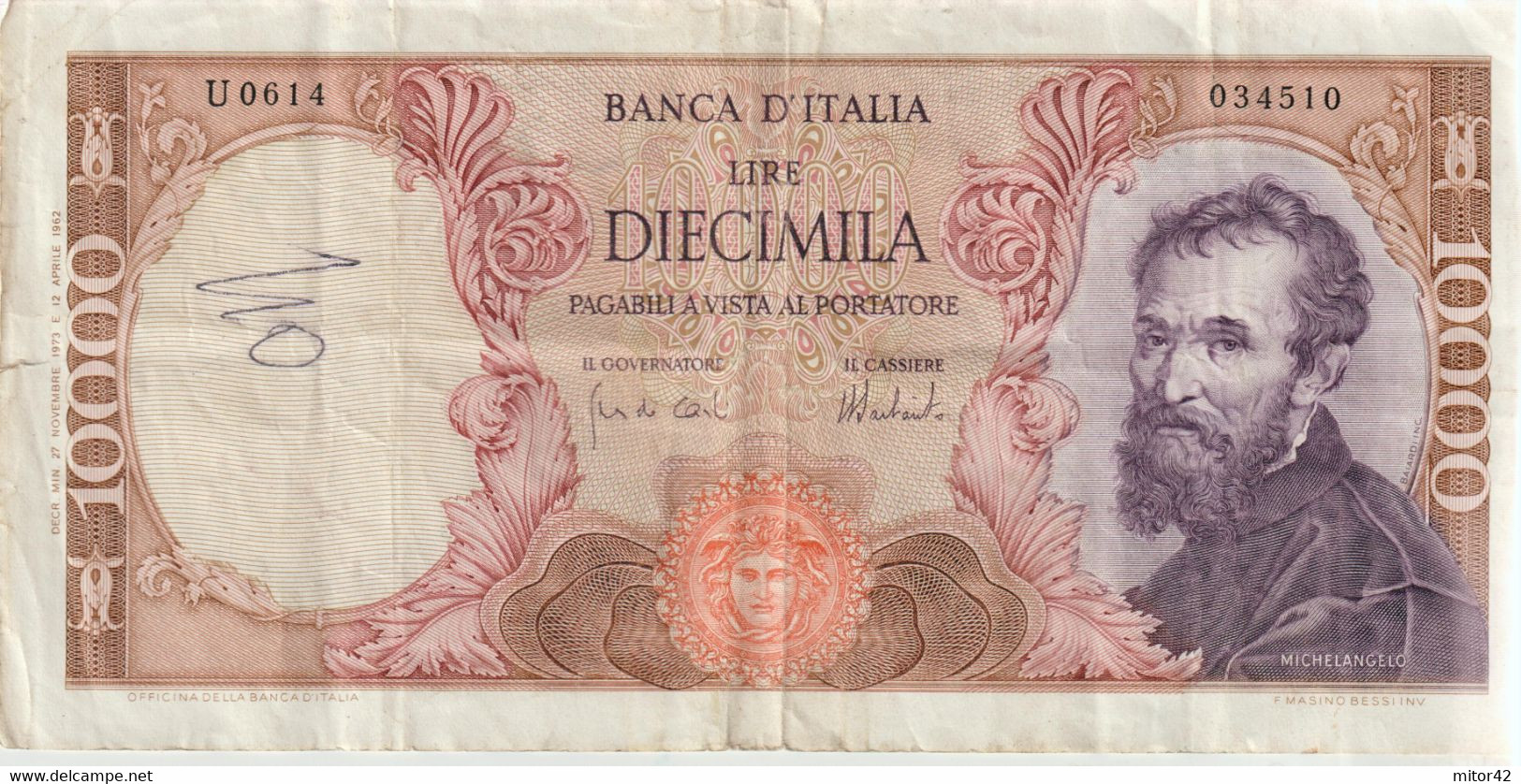 72*-Cartamoneta-Banconota Italia Repubblica Da L10.000 Michelangelo 27.11.73-Condizione:Circolata - 10.000 Lire