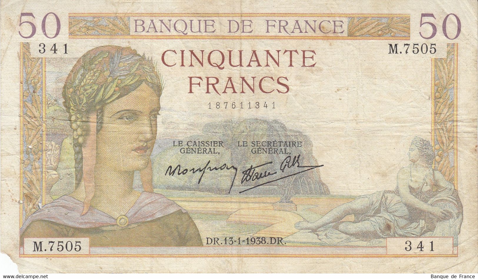 Billet 50 F Cérès Du 13-1-1938 FAY 18.07 Alph. M.7505 - 50 F 1934-1940 ''Cérès''