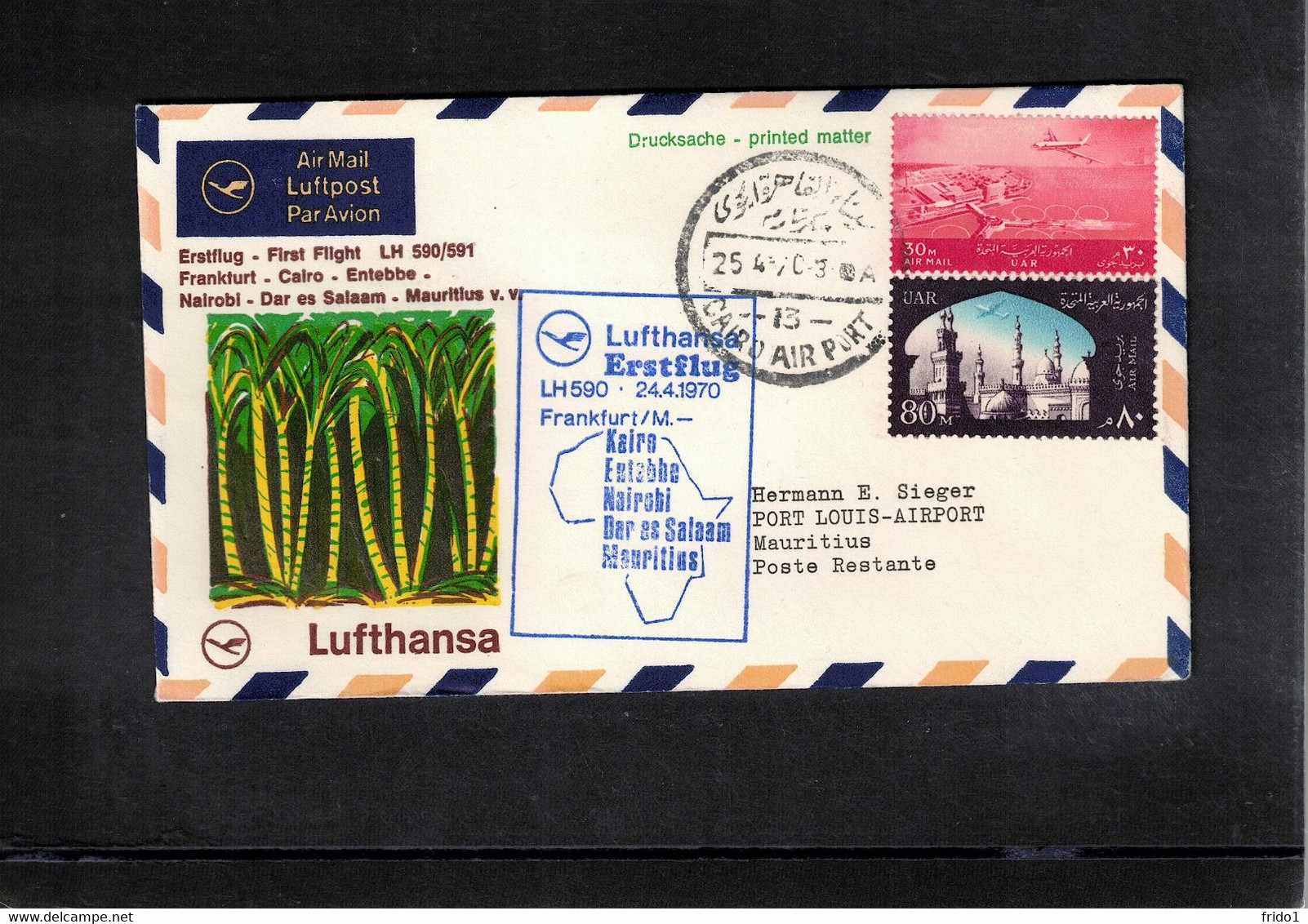 Egypt 1970 Lufthansa First Flight Cairo - Port Louis Mauritius Interesting Cover - Storia Postale