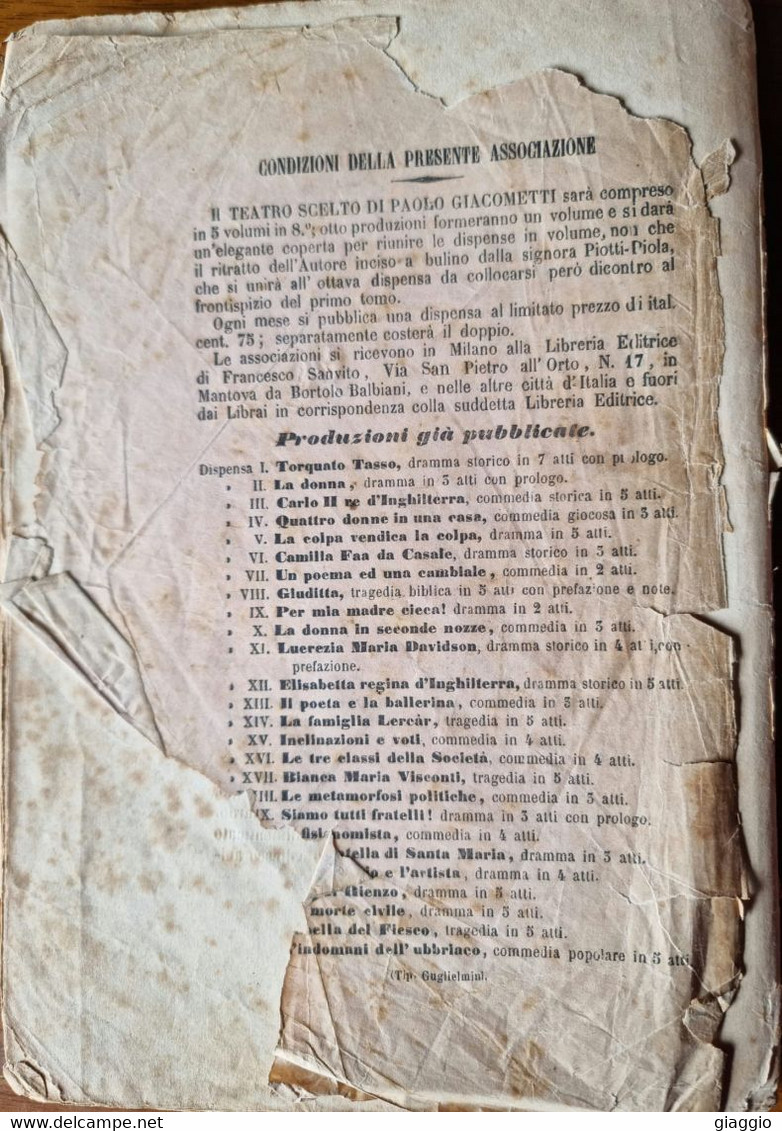 °°° LIBRO TEATRO - PAOLO GIACOMETTI  - LA MOGLIE DELL'ESULE - 1863 °°° - Theatre