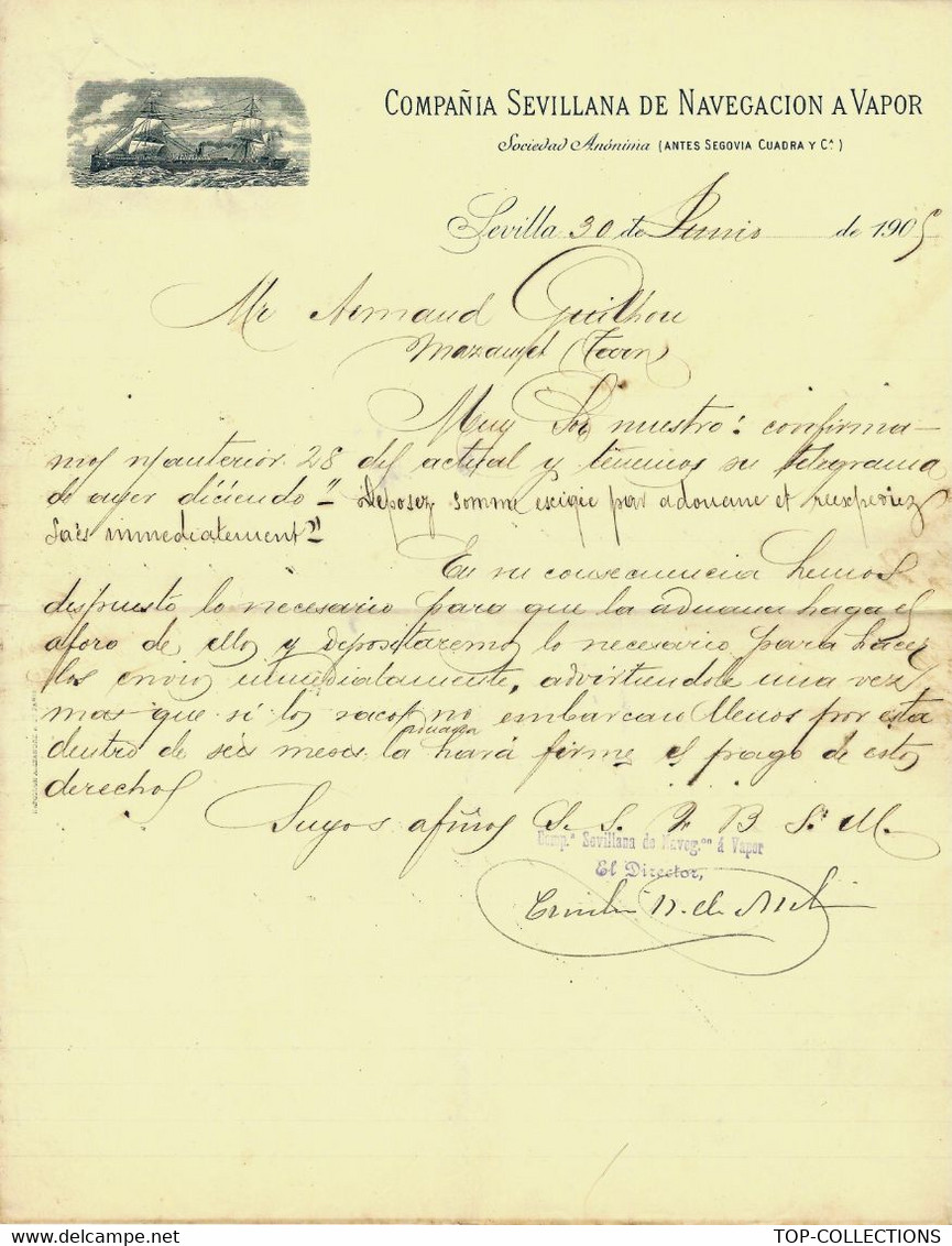 1905 NAVIGATION à VAPEUR COMPANIA SEVILLANA DE NAVEGACION A VAPOR SEVILLA VOIR SCANS - Spanje