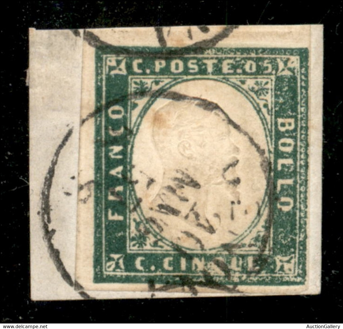 Antichi Stati Italiani - Sardegna - 1857 - 5 Cent Verde Mirto Chiaro (13Aa) - Usato A Genova Su Frammento - Fiecchi + Ce - Other & Unclassified