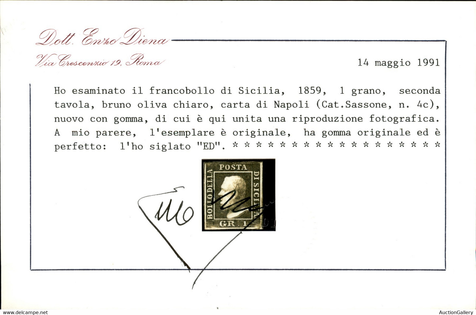 Antichi Stati Italiani - Sicilia - 1859 - 1 Grano Bruno Oliva Chiaro (4c - Seconda Tavola) - Gomma Originale - Molto Bel - Autres & Non Classés