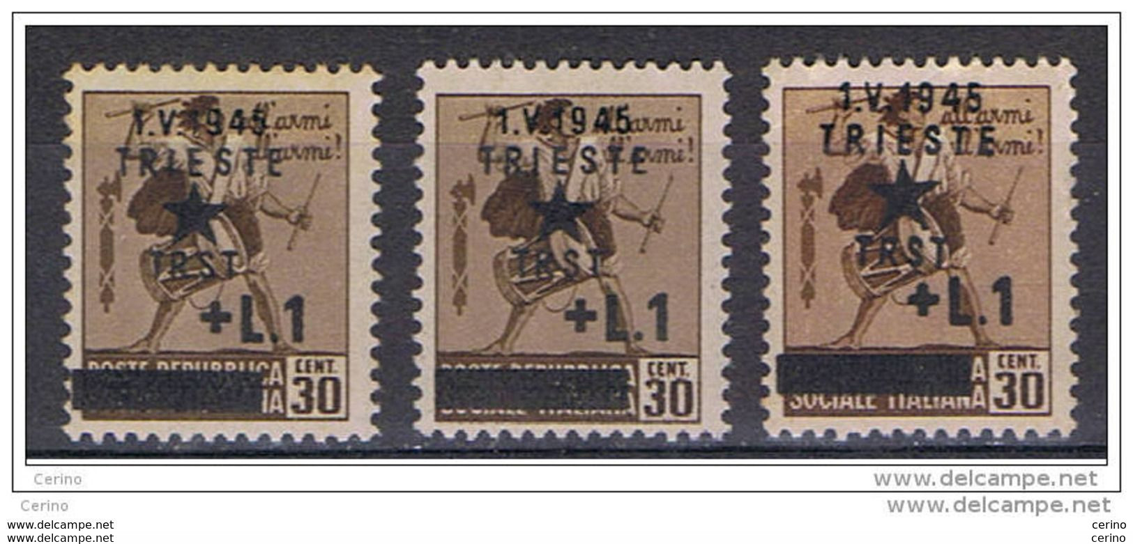 TRIESTE - OCC. JUGOSLAVA:  1945  SOPRASTAMPATO  -  £.1/30 C. BRUNO  N. -  RIPETUTO  3  VOLTE  -  SASS. 3 - Yugoslavian Occ.: Trieste