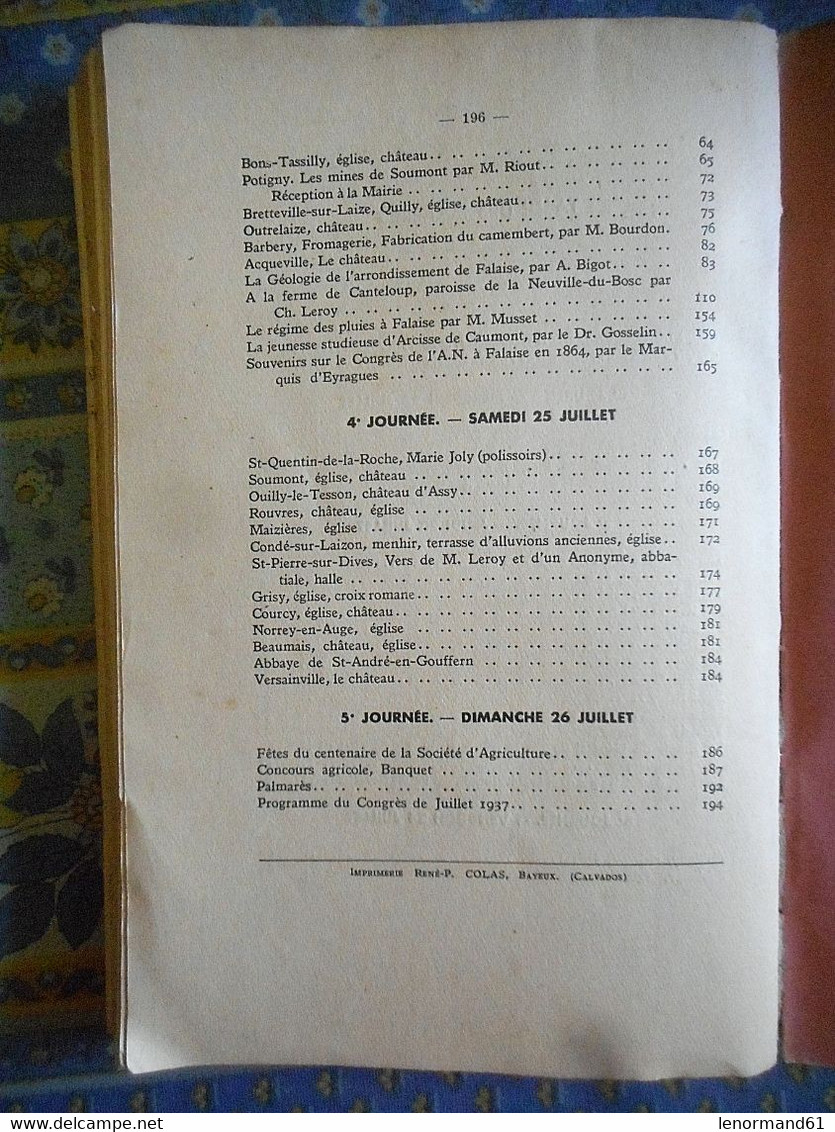 ANNUAIRE DE LA NORMANDIE CONGRES DE FALAISE 1937 POTIGNY NORON FORET AUVRAY AUBIGNY ETC..VOIR table matieres