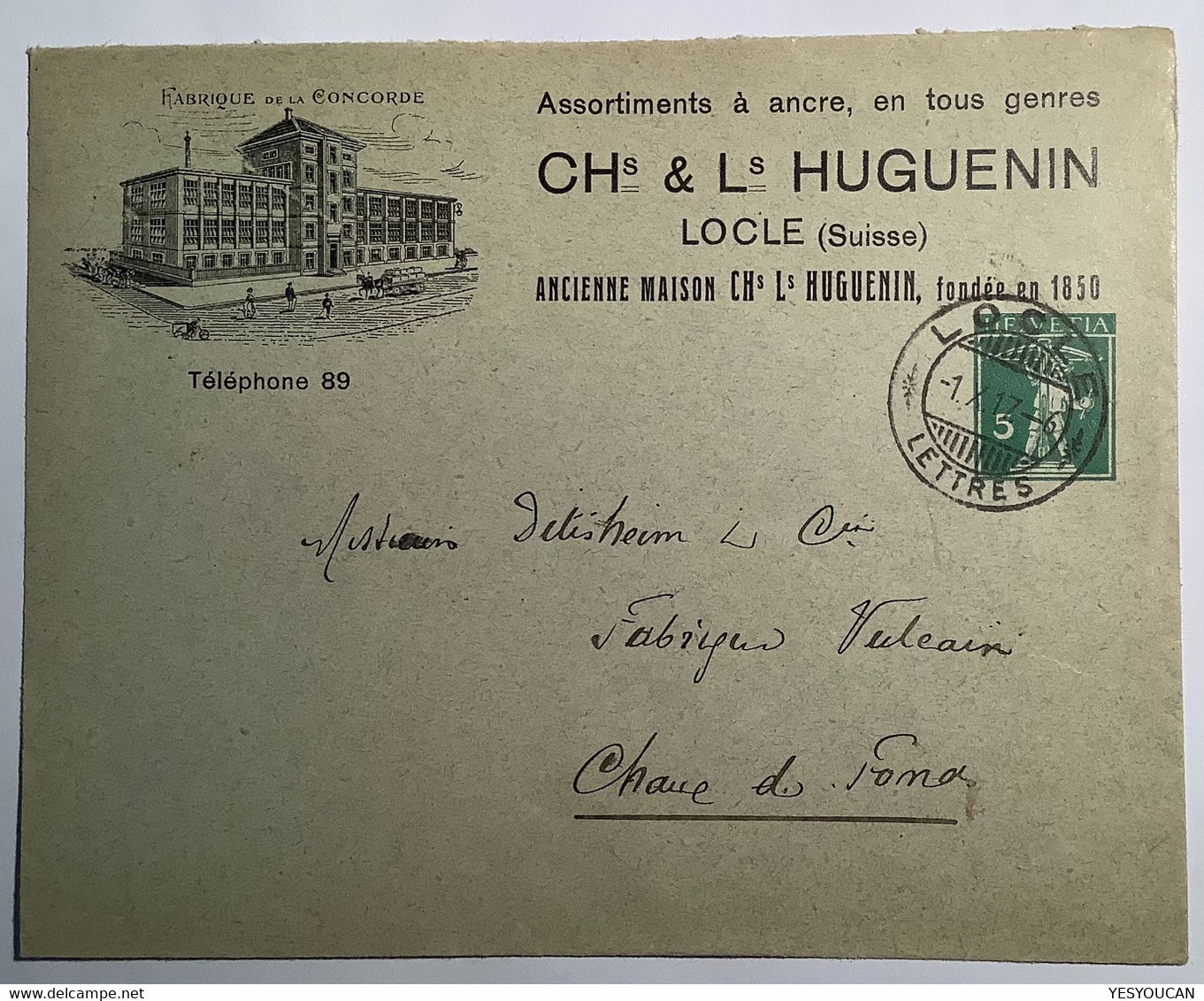 Privatganzsache:1917 HUGUENIN LOCLE ANCRE EN TOUS GENRE Tellknabe Umschlag (Schiffanker Anker Anchor Boat Bateau Schweiz - Stamped Stationery