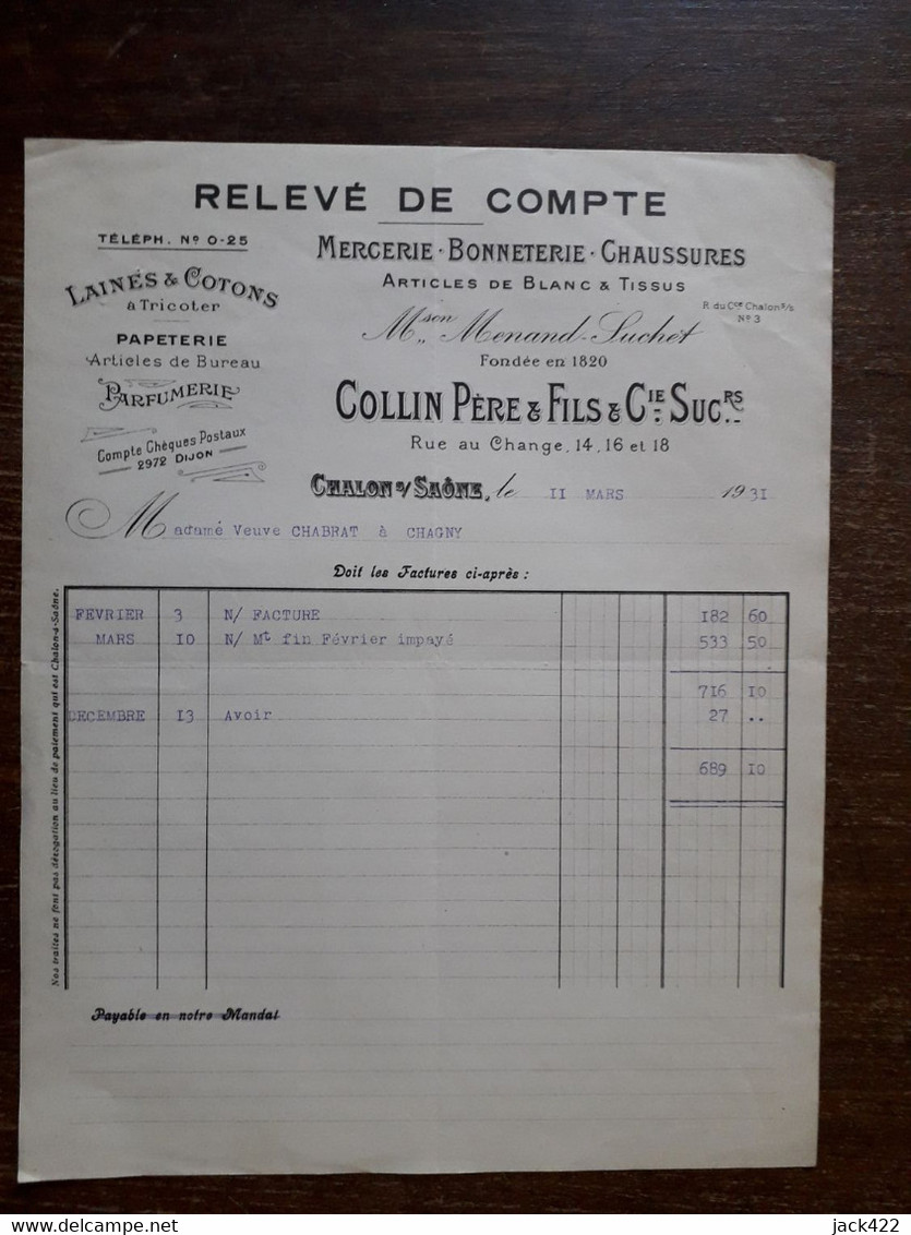 L36/350 Ancienne Facture . Chalon Sur Saone . Mercerie - Bonneterie ... Collin . 1931 - 1900 – 1949