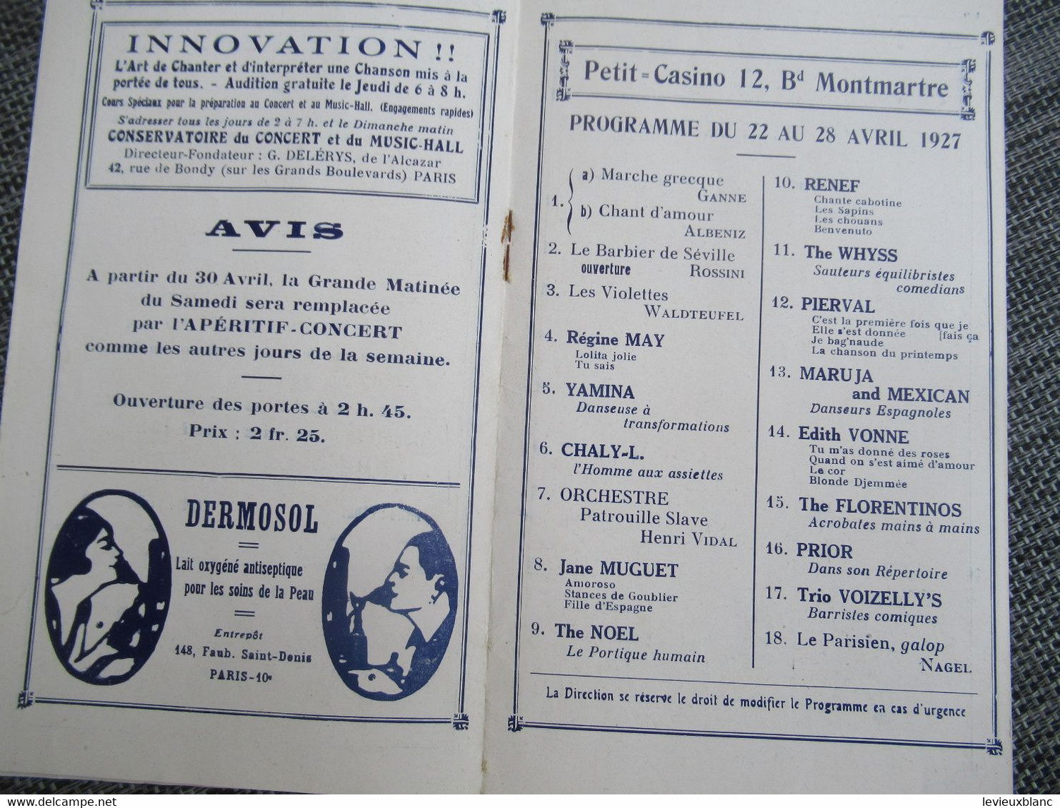 Programme / PETIT CASINO/ Boulevard Montmartre PARIS/Apéritifs-Concerts/Soirées & Matinées/1927      CMH50 - Programma's