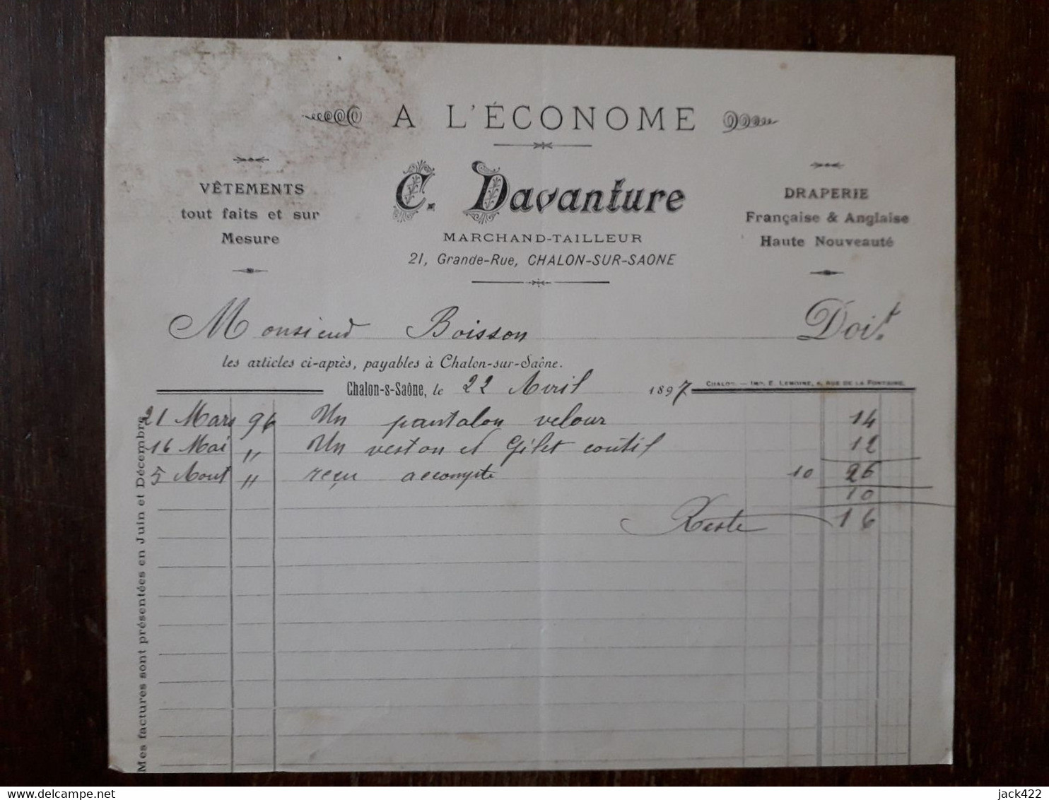 L36/356 Ancienne Facture . Chalon Sur Saone . A L'Econome . Vetements . C.Davanture . 1897 - 1800 – 1899