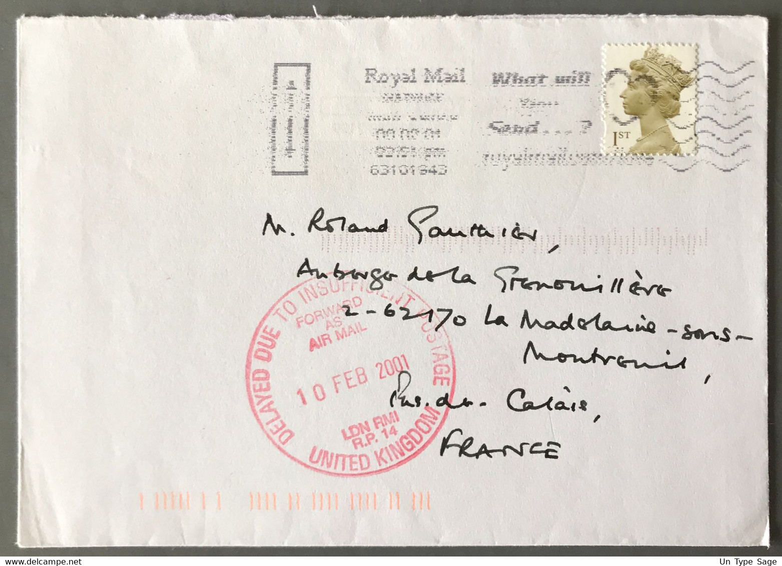 Grande-Bretagne, Type Machin 1st Sur Enveloppe, CACHET "DELAYED DUE TO INSUFFICIENT POSTAGE" - (W1204) - Covers & Documents