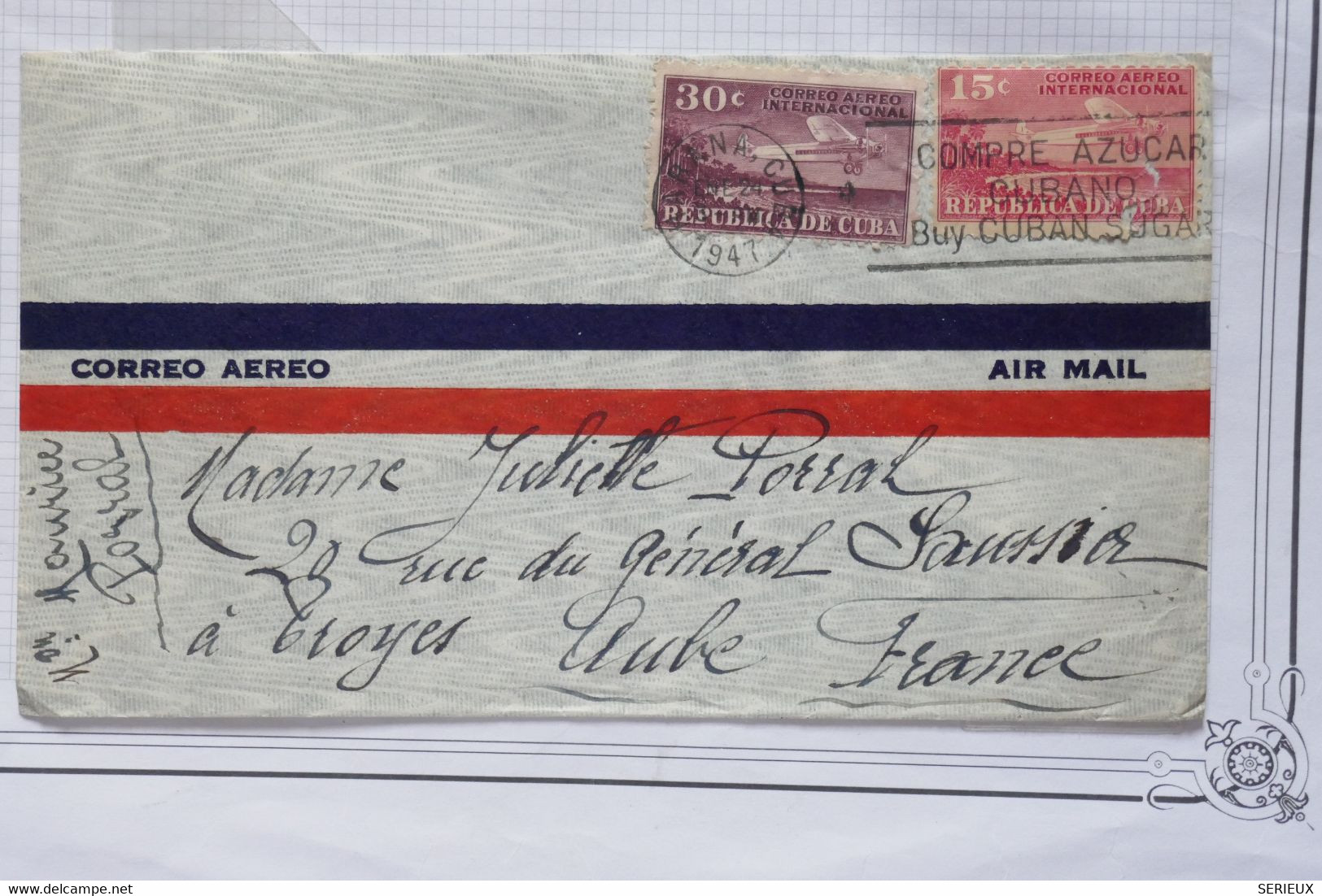 AW 9 CUBA BELLE LETTRE 1947  HAVANA  POUR  TROYES FRANCE VIA NEW YORK USA ++AFFRANC. PLAISANT - Airmail