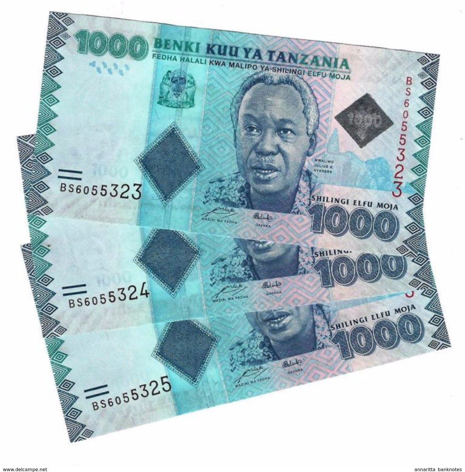 Tanzania (BOT) 1000 Shillings ND (2015) UNC Cat No. P-41b / TZ140b (3pcs) - Tanzanie