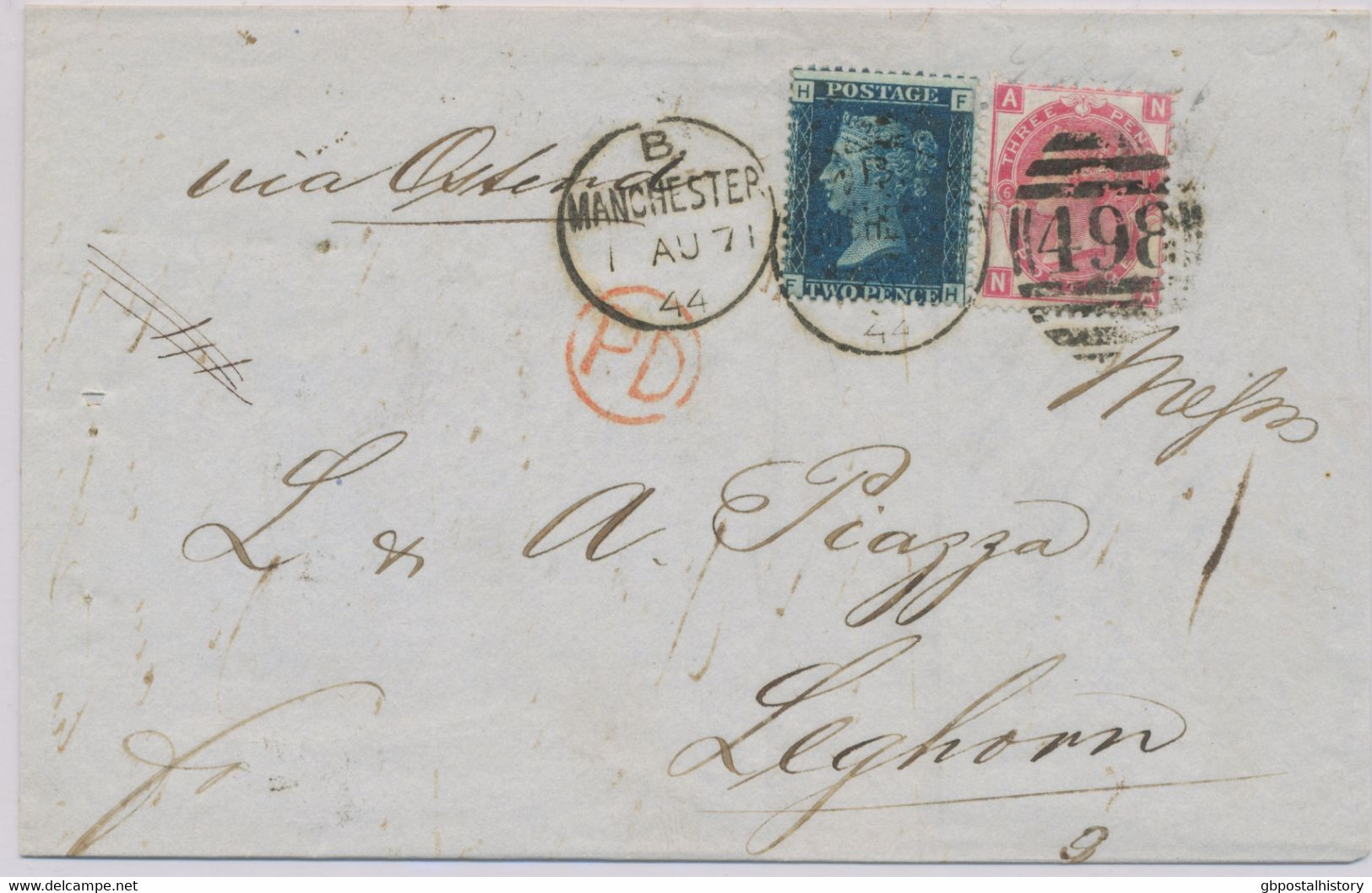 GB 1871 QV 2d Pl.13 (FH) And 3d Pl.6 (NA) 5d Postage (to Italy Possible Since 1.7.1870) On Very Fine Cover To LEGHORN - Covers & Documents