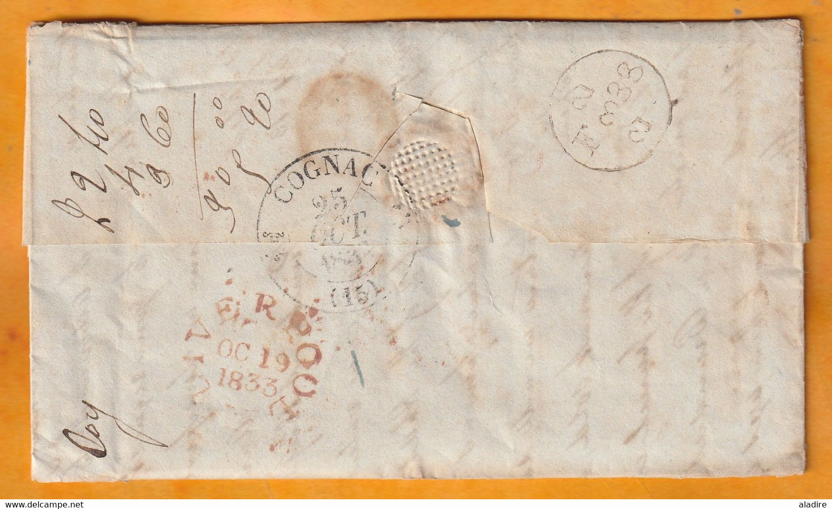 1833 - KWIV - 3 Page Entire (letter + Accounts) From LIVERPOOL To COGNAC, France - Arrival Stamp - French Tax 23 - ...-1840 Voorlopers