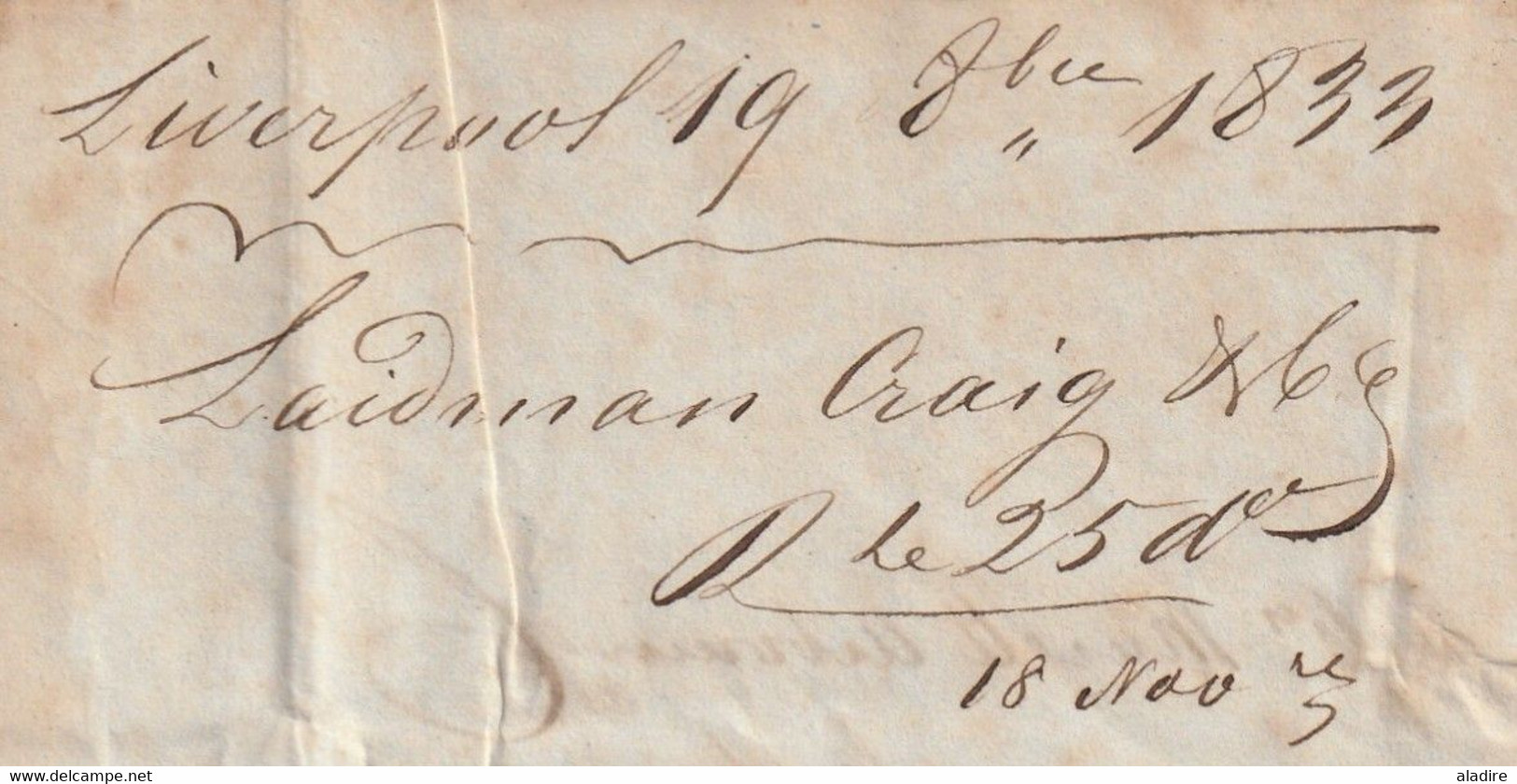 1833 - KWIV - 3 page entire (letter + accounts) from LIVERPOOL to COGNAC, France - arrival stamp - French tax 23