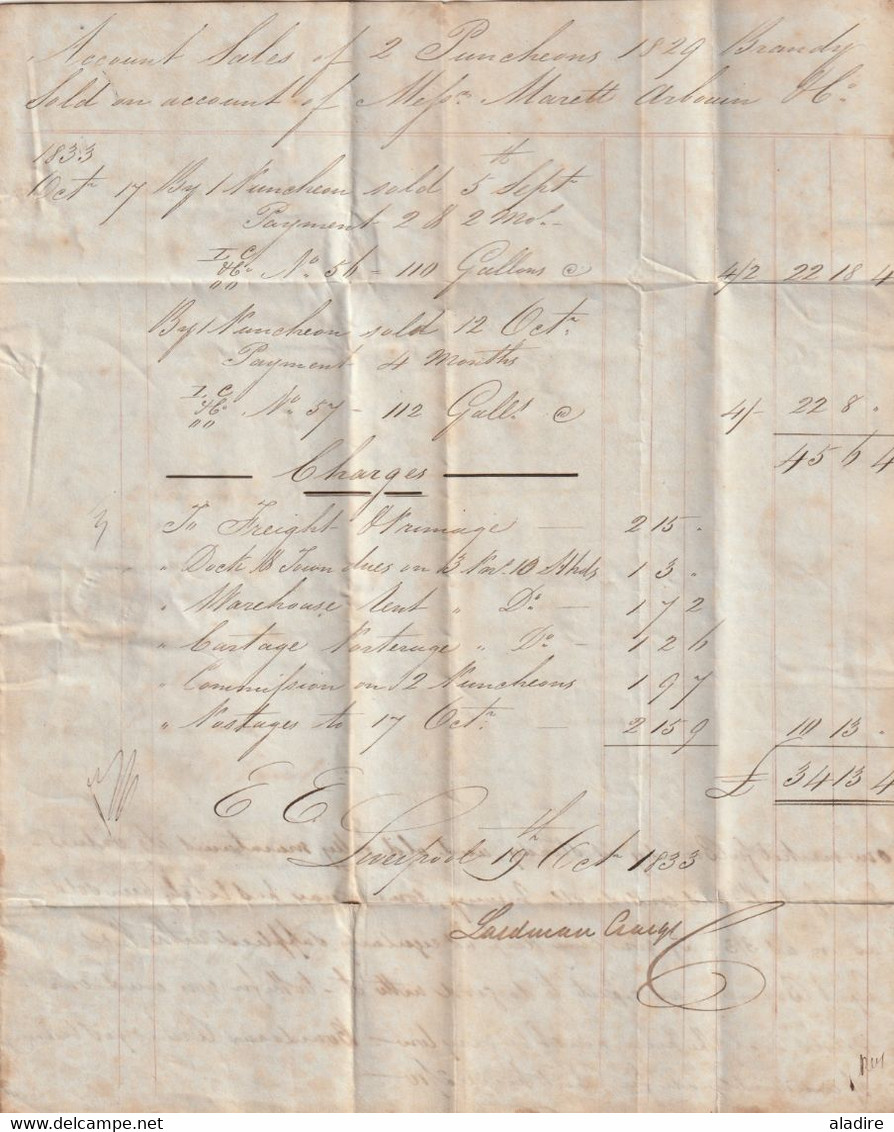 1833 - KWIV - 3 page entire (letter + accounts) from LIVERPOOL to COGNAC, France - arrival stamp - French tax 23