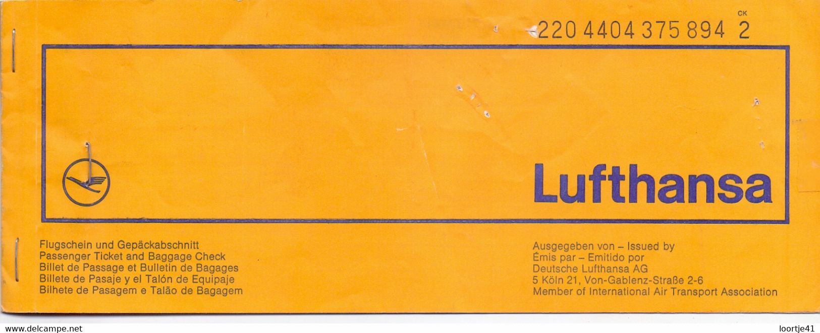 Ticket Luchtvaart Airplane - Lufthansa - - Biglietti