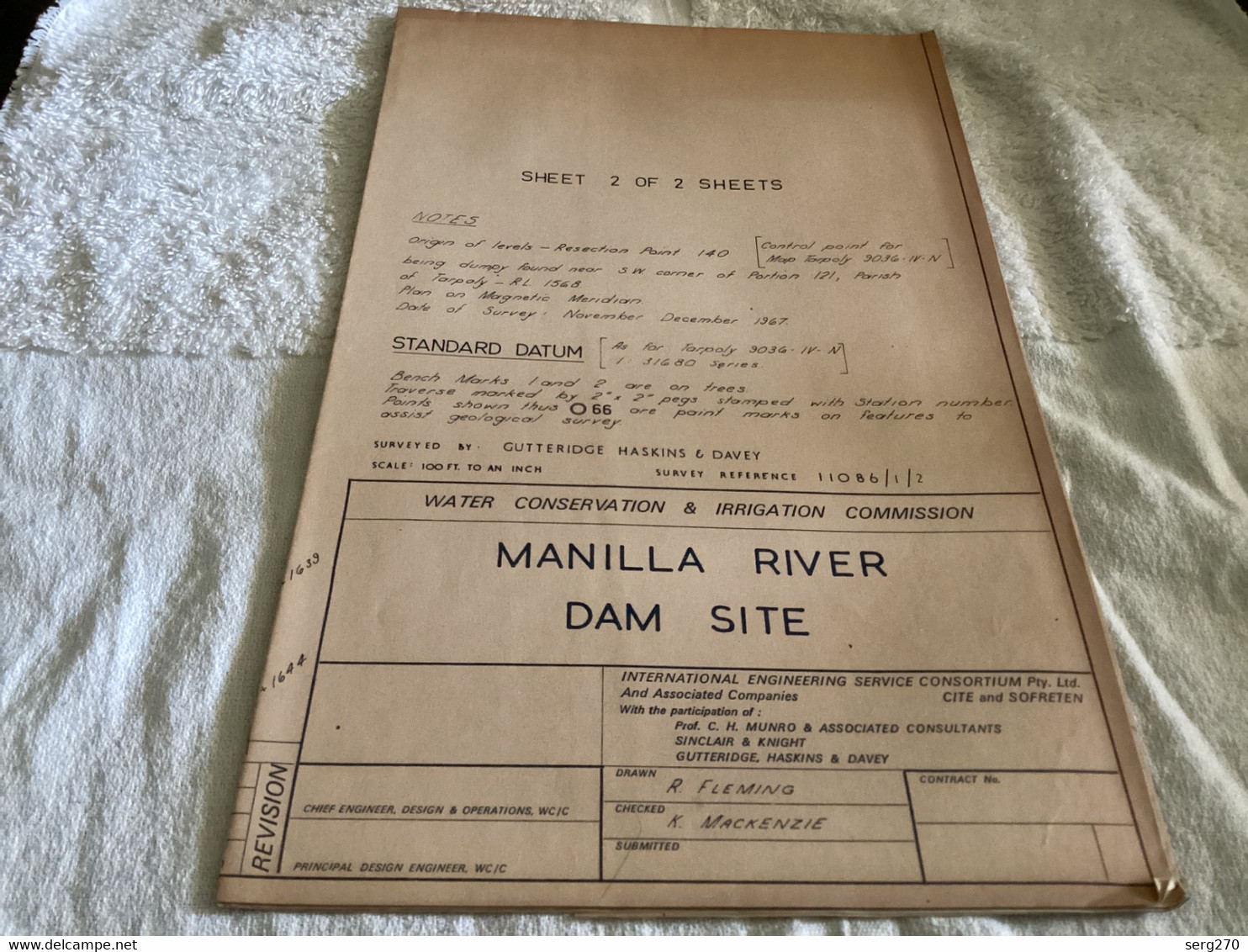 Plan Topographique Dessin  Du Barrage Manille Dam S Dam Site  Australia 1969  MANILLA RIVER DAM - Travaux Publics