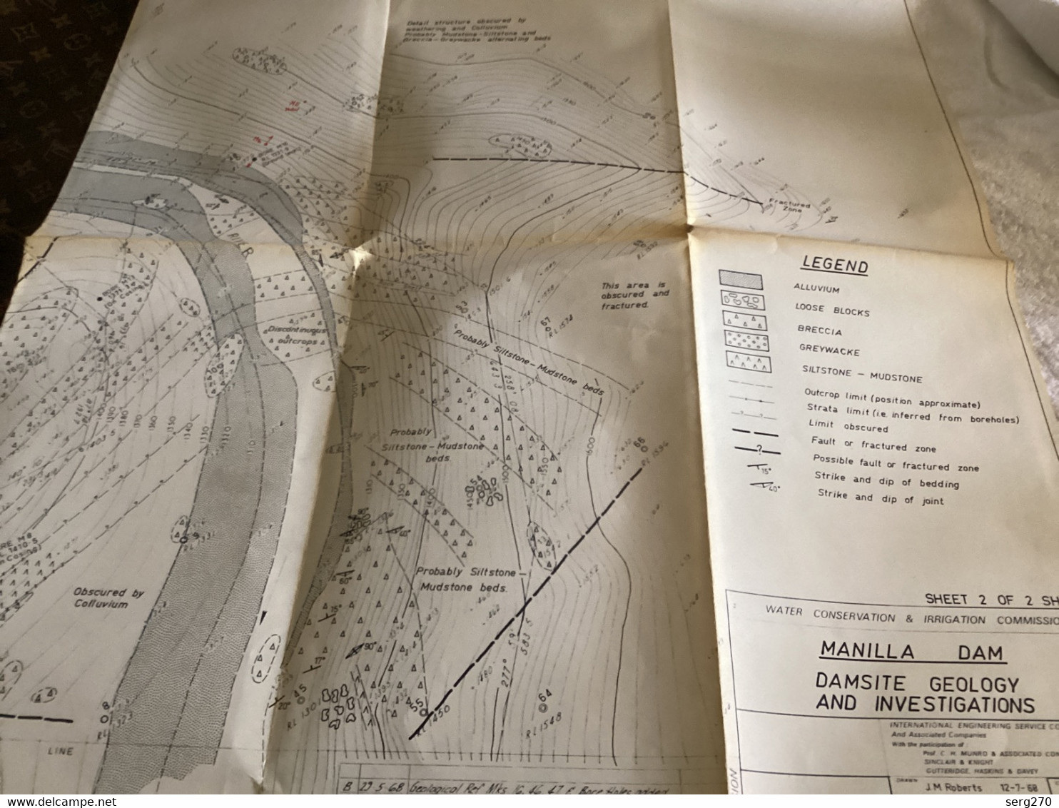 Plan Topographique Dessin  Du Barrage Manille Dam S Dam Site  Australia 1969  MANILLA RIVER DAM - Travaux Publics