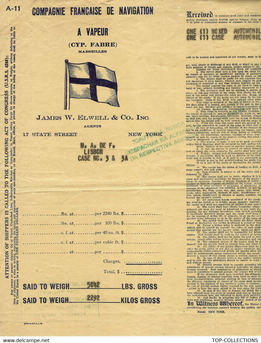 Cie Française De Navigation Circa 1920 De New York Pour Lisbonne Lisboa Portugal Grand Format  Parts Automobile - United States