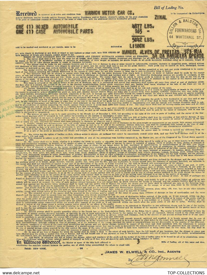 Cie Française De Navigation Circa 1920 De New York Pour Lisbonne Lisboa Portugal Grand Format  Parts Automobile - USA