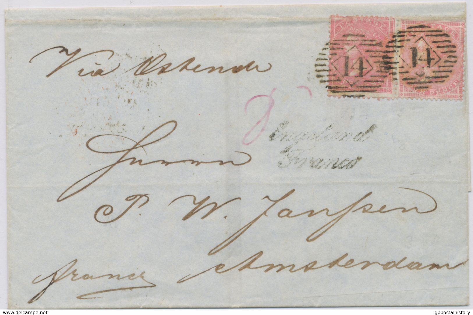 GB 1860 QV 4d Rose-carmin (2x) Sound Used On Very Fine Cover With LONDON Numeral „14“ (Parmenter 14U – NEW EARLIEST DATE - Lettres & Documents