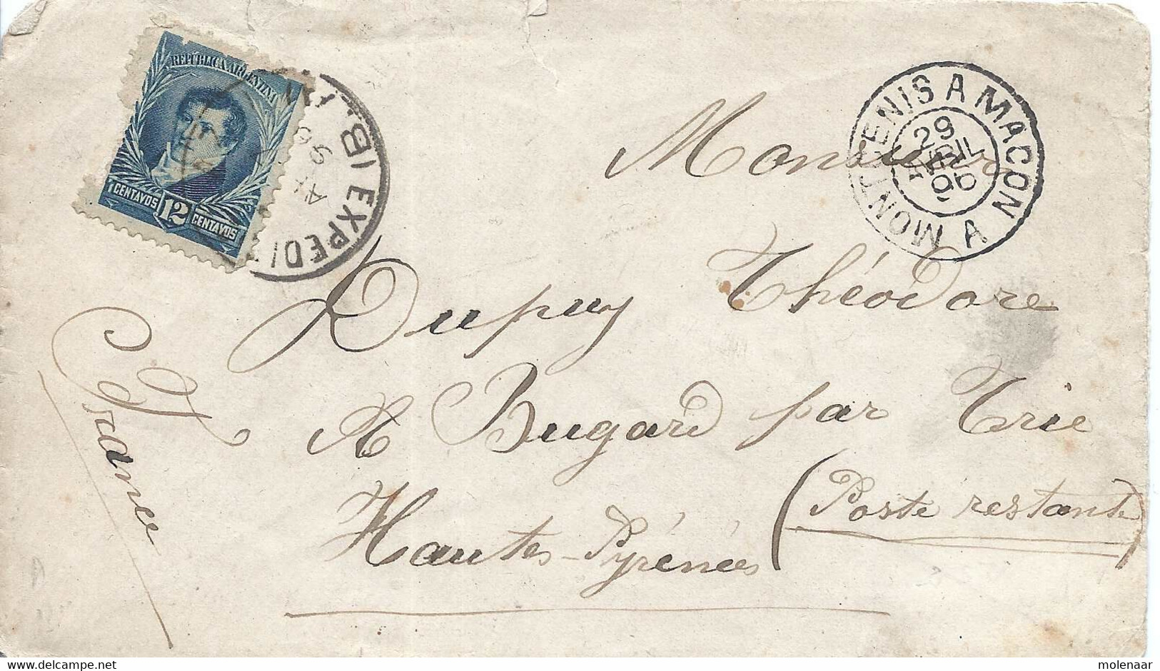 Argentinië Brief Uit 1896 Met 1 Zegel   Mont-Denis A Macon 29-avril 1896 (7123) - Briefe U. Dokumente