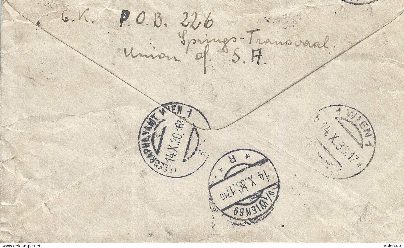 Zuid-Afrika Luchtpostbrief Uit 1936 Met Vertikaal Paar Springs 6-X-36 (7127) - Airmail